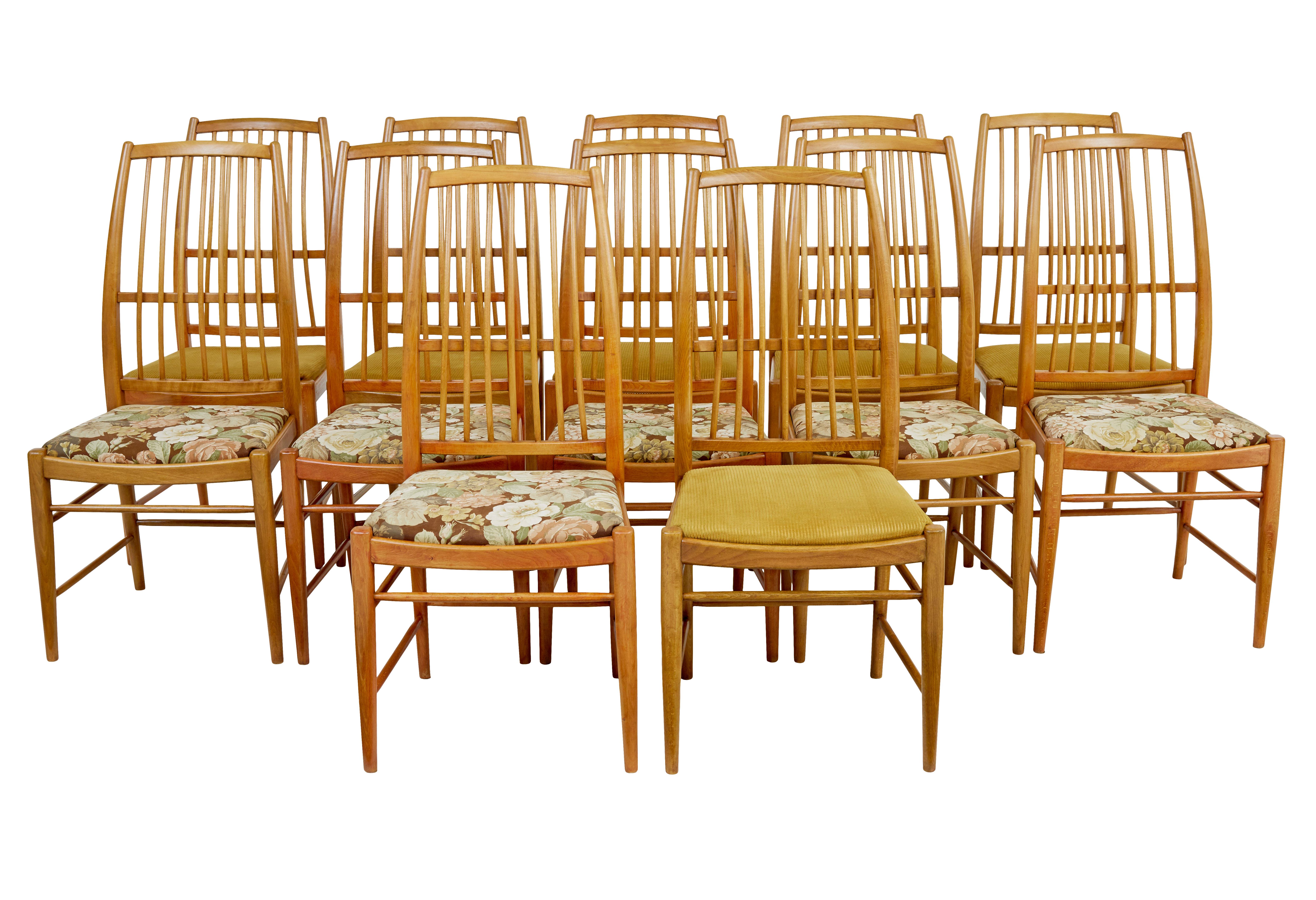 Fine set of 12 dining chairs designed by David Rosen in 1953.

Likely to comprise of 2 sets of 6 due to the different fabrics and slightly different wood tones.

Designed for Nordiska Kompaniet these high back dining chairs are known as the napoli