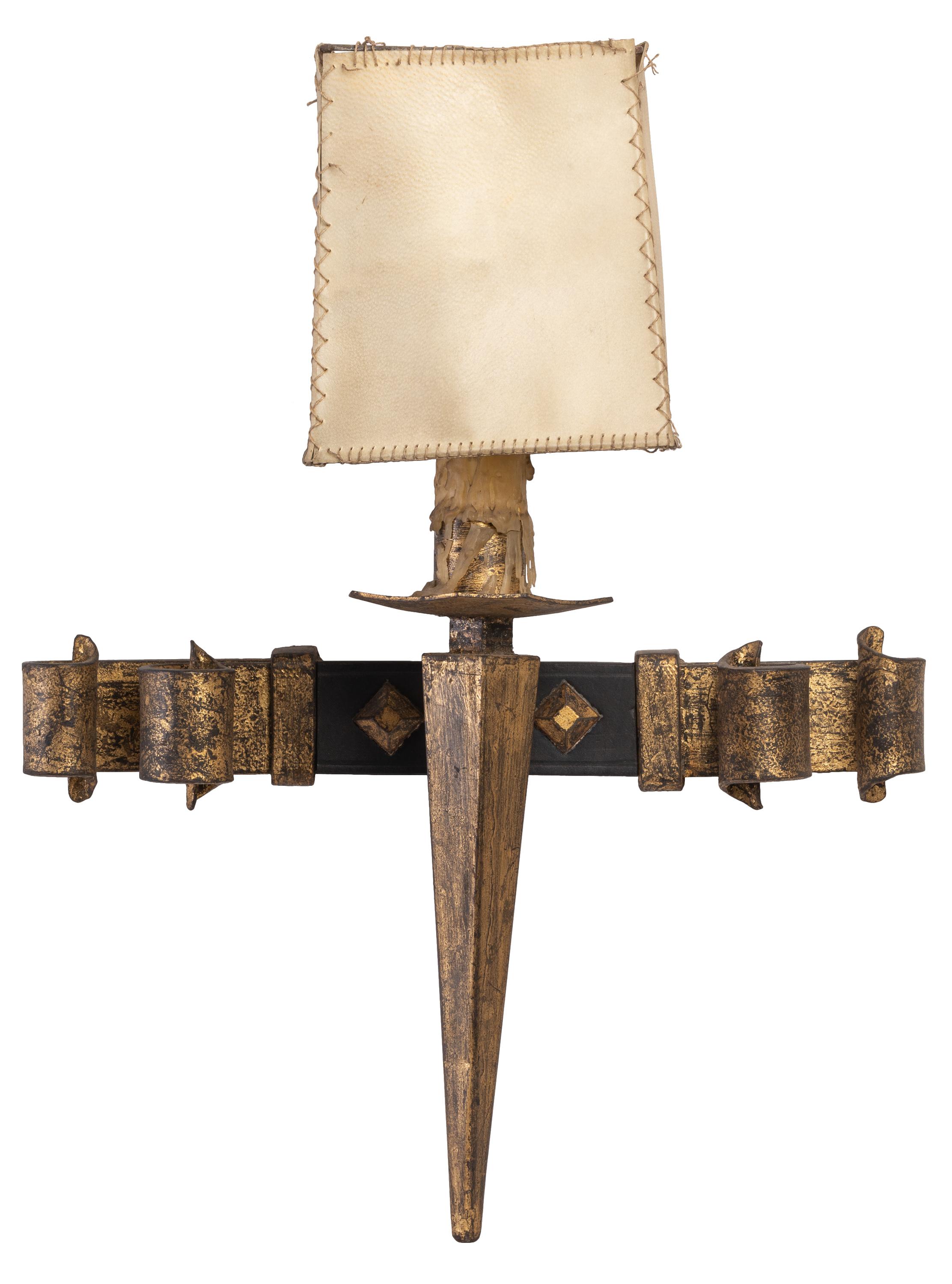 Parchment Paper Set of 12 Neo-Gothic Medieval Style Iron Wall Sconces with Parchment Shades For Sale