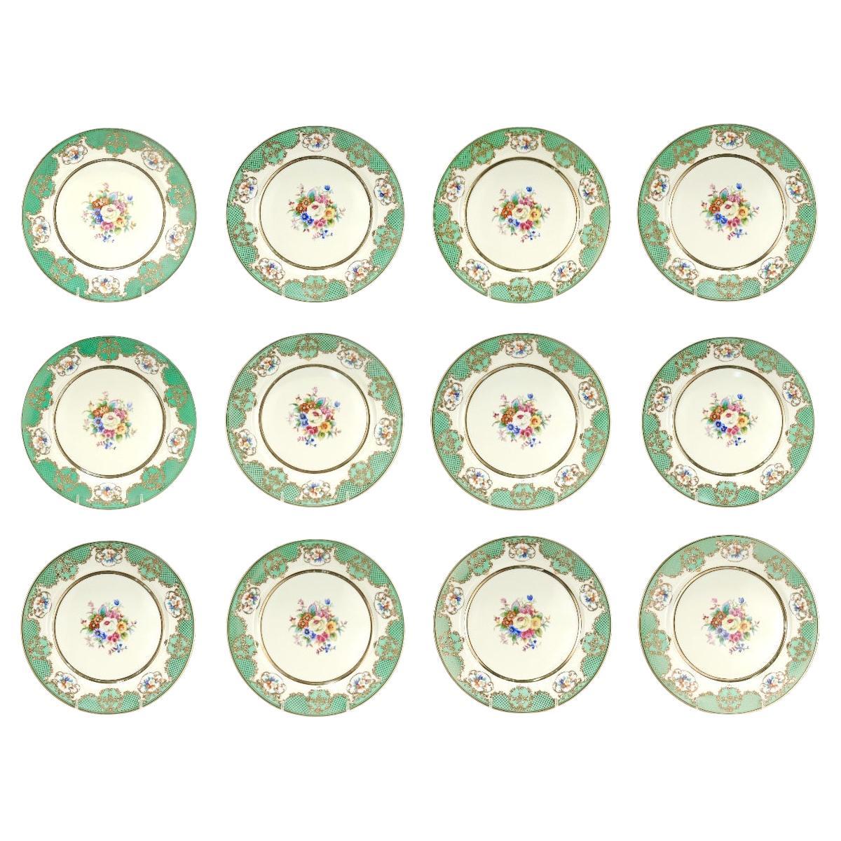 Set von 12 vergoldeten Noritake Morimura-Esstellern oder Servicetellern, Ex-Seidenberg