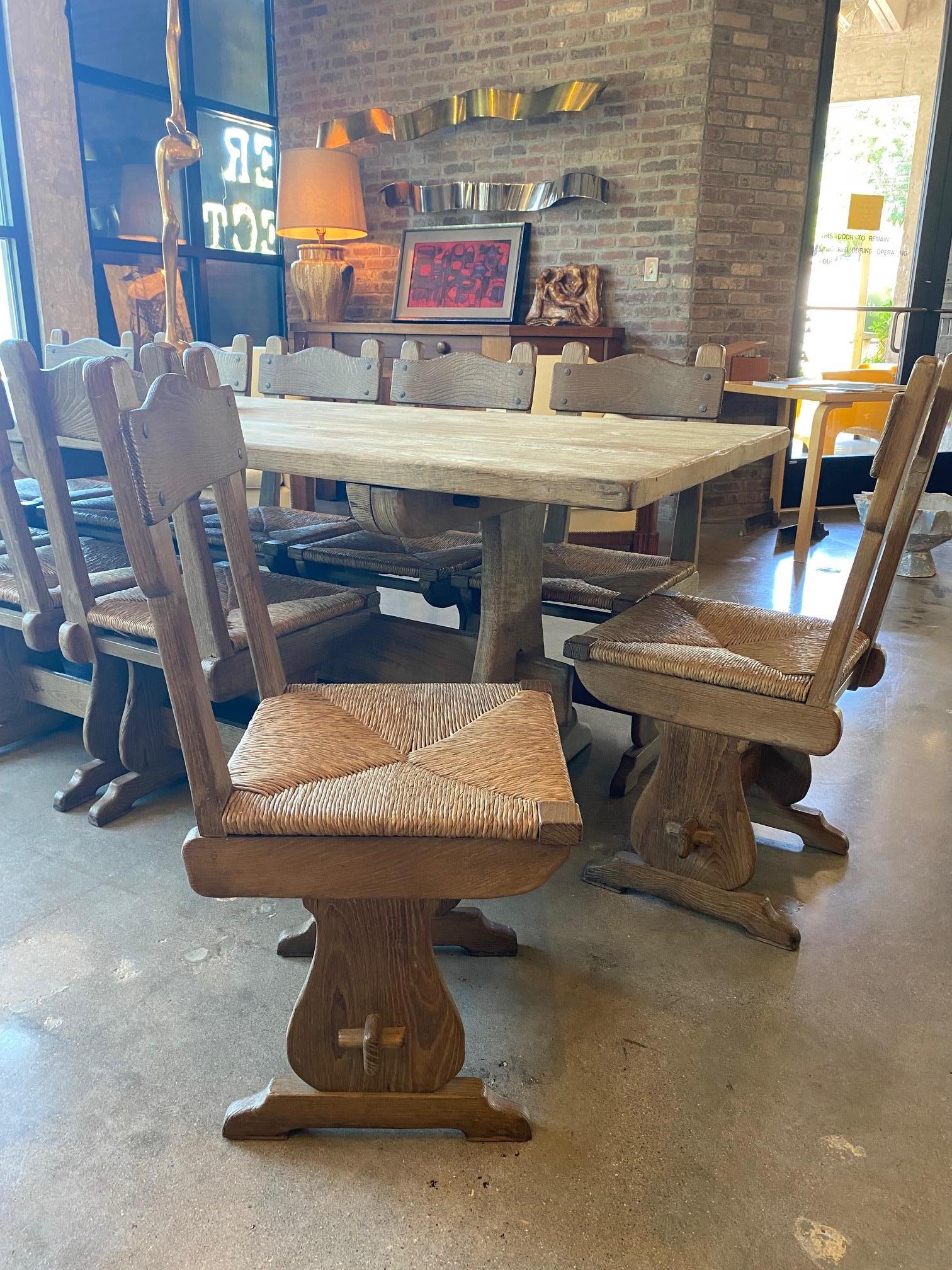 Set of 12 Oak and Rush Dining Chairs, France, 1950's 4