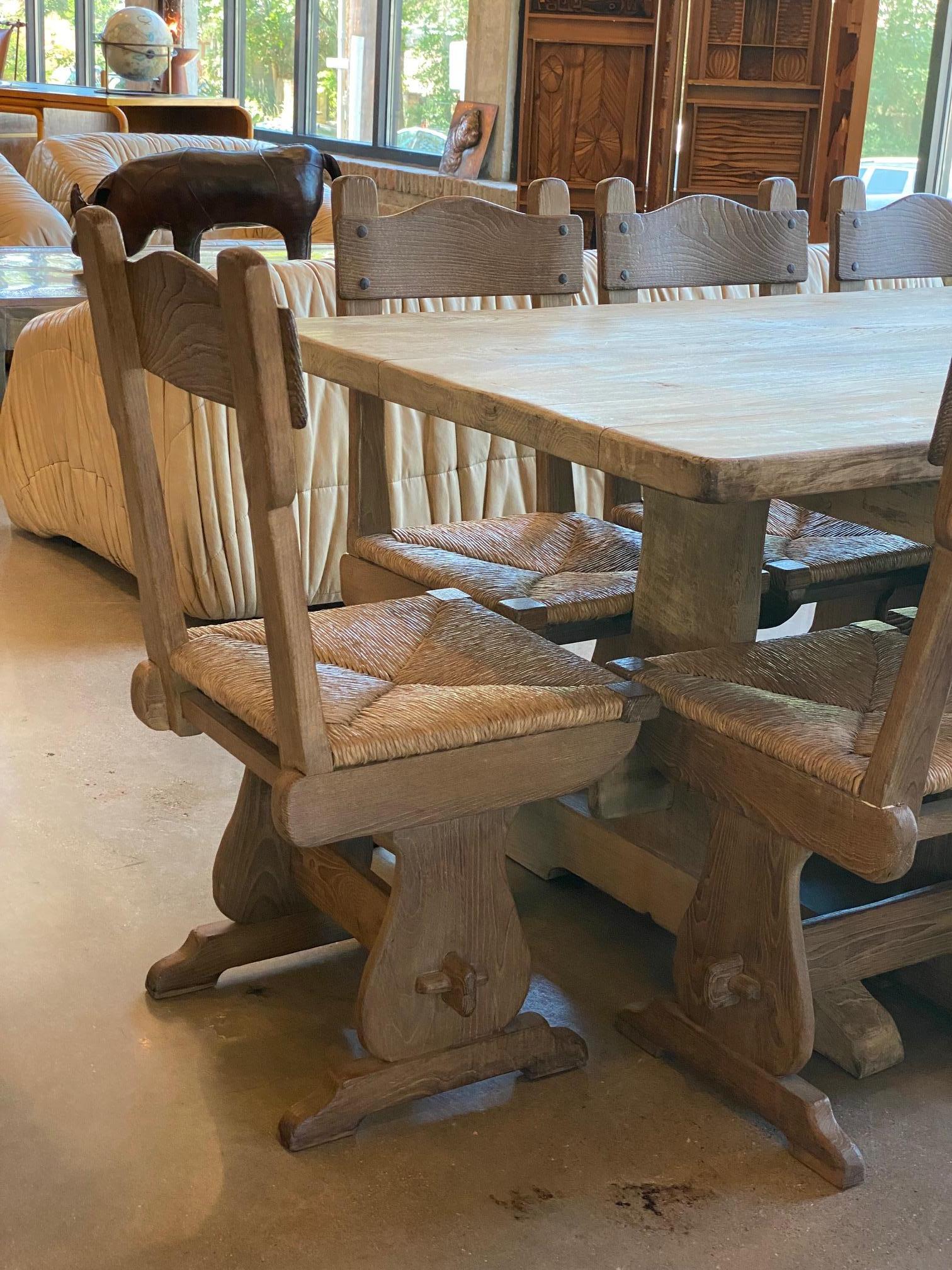 Set of 12 Oak and Rush Dining Chairs, France, 1950's 5