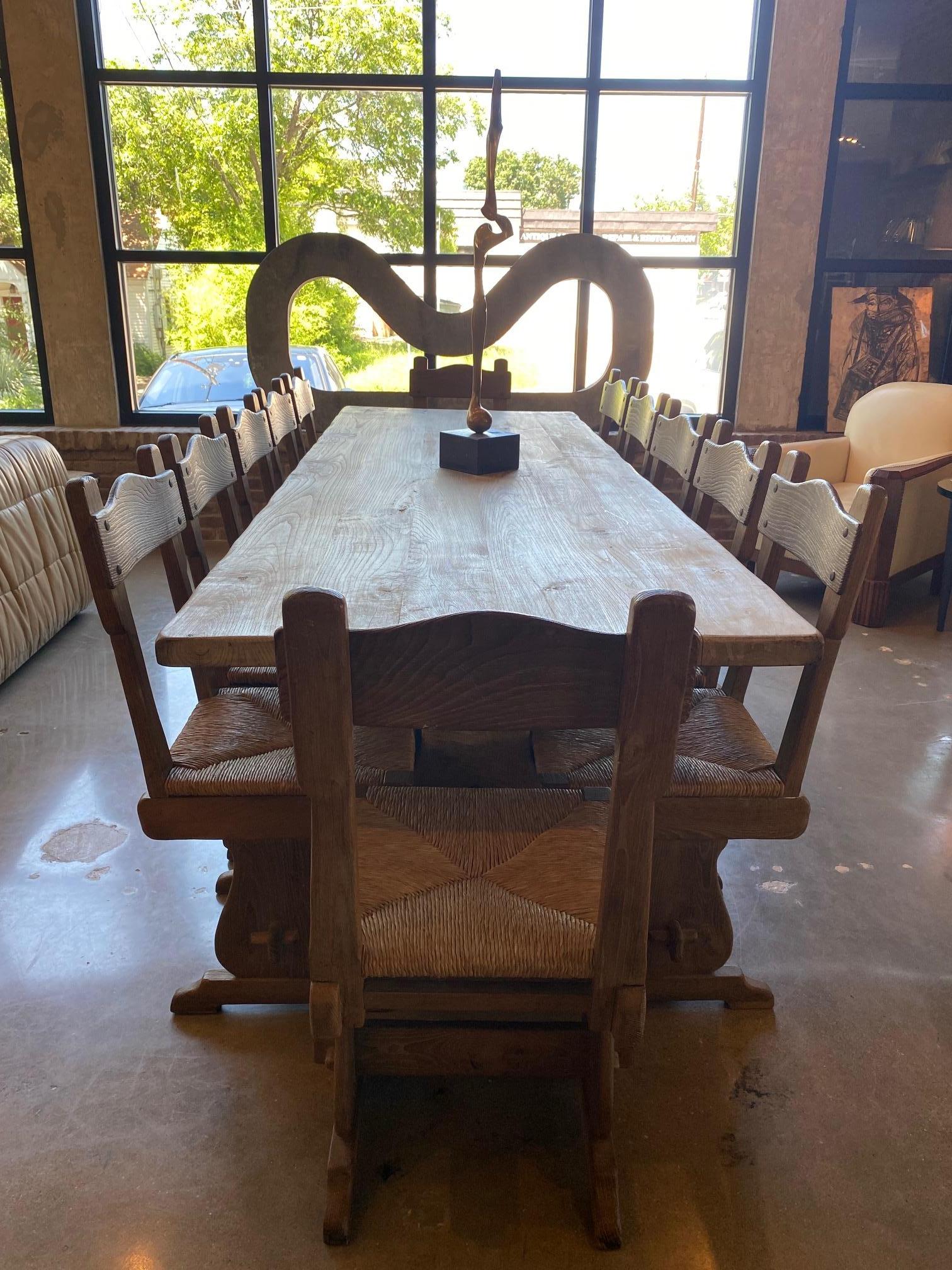 Set of 12 Oak and Rush Dining Chairs, France, 1950's 6