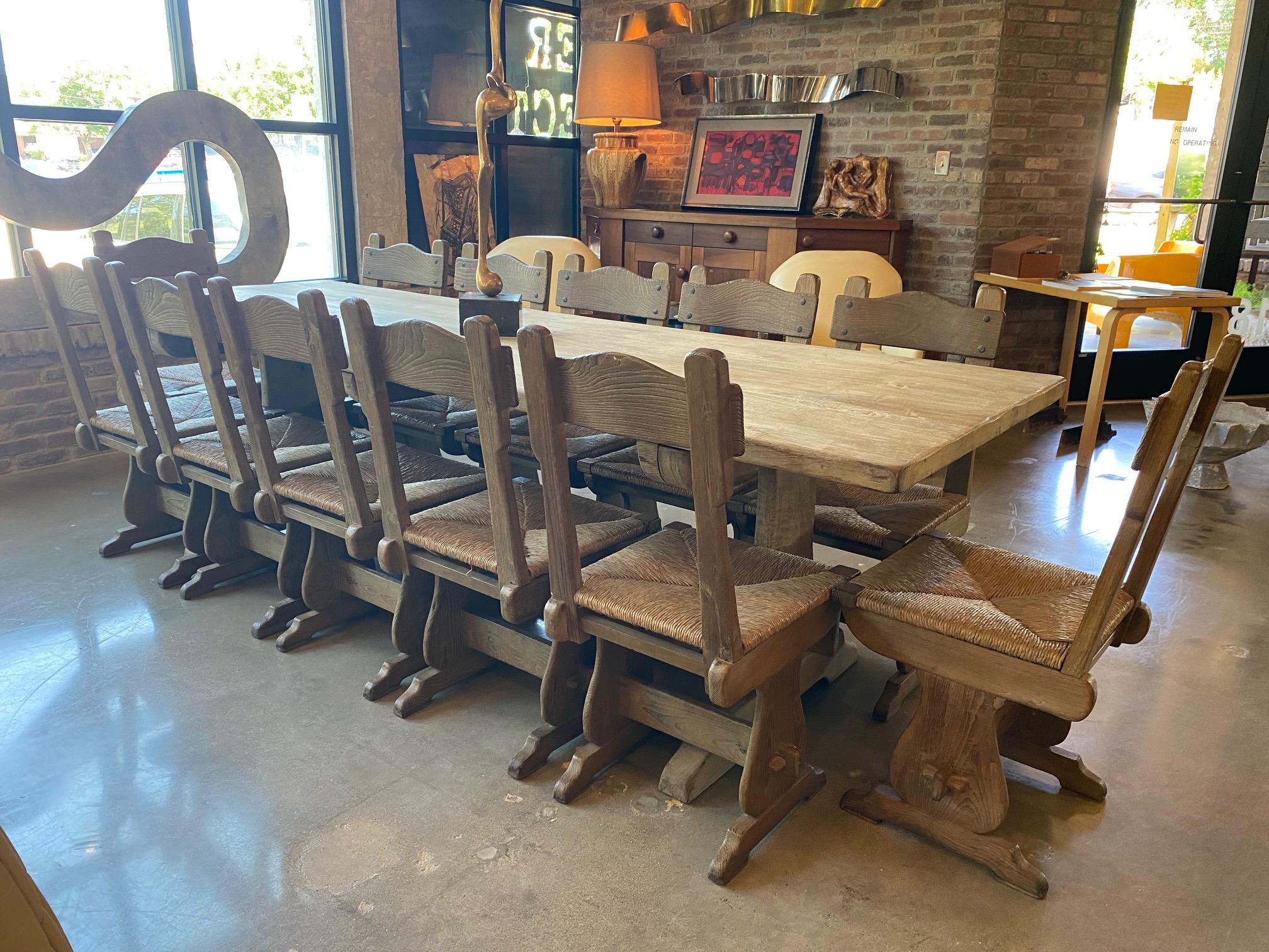 Mid-Century Modern Set of 12 Oak and Rush Dining Chairs, France, 1950's For Sale