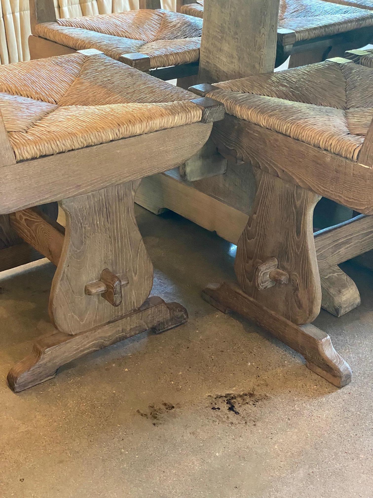 French Set of 12 Oak and Rush Dining Chairs, France, 1950's