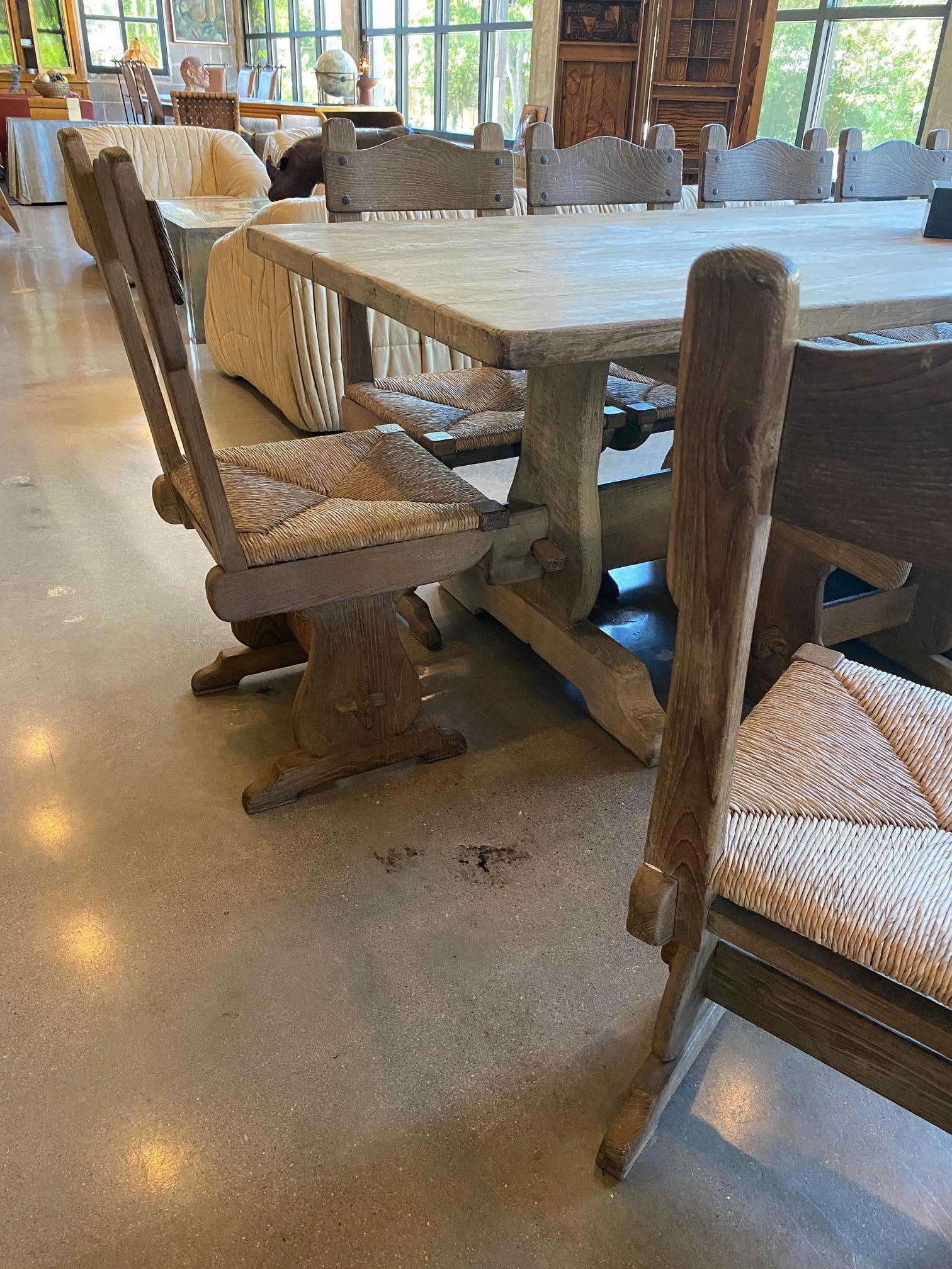 Mid-20th Century Set of 12 Oak and Rush Dining Chairs, France, 1950's