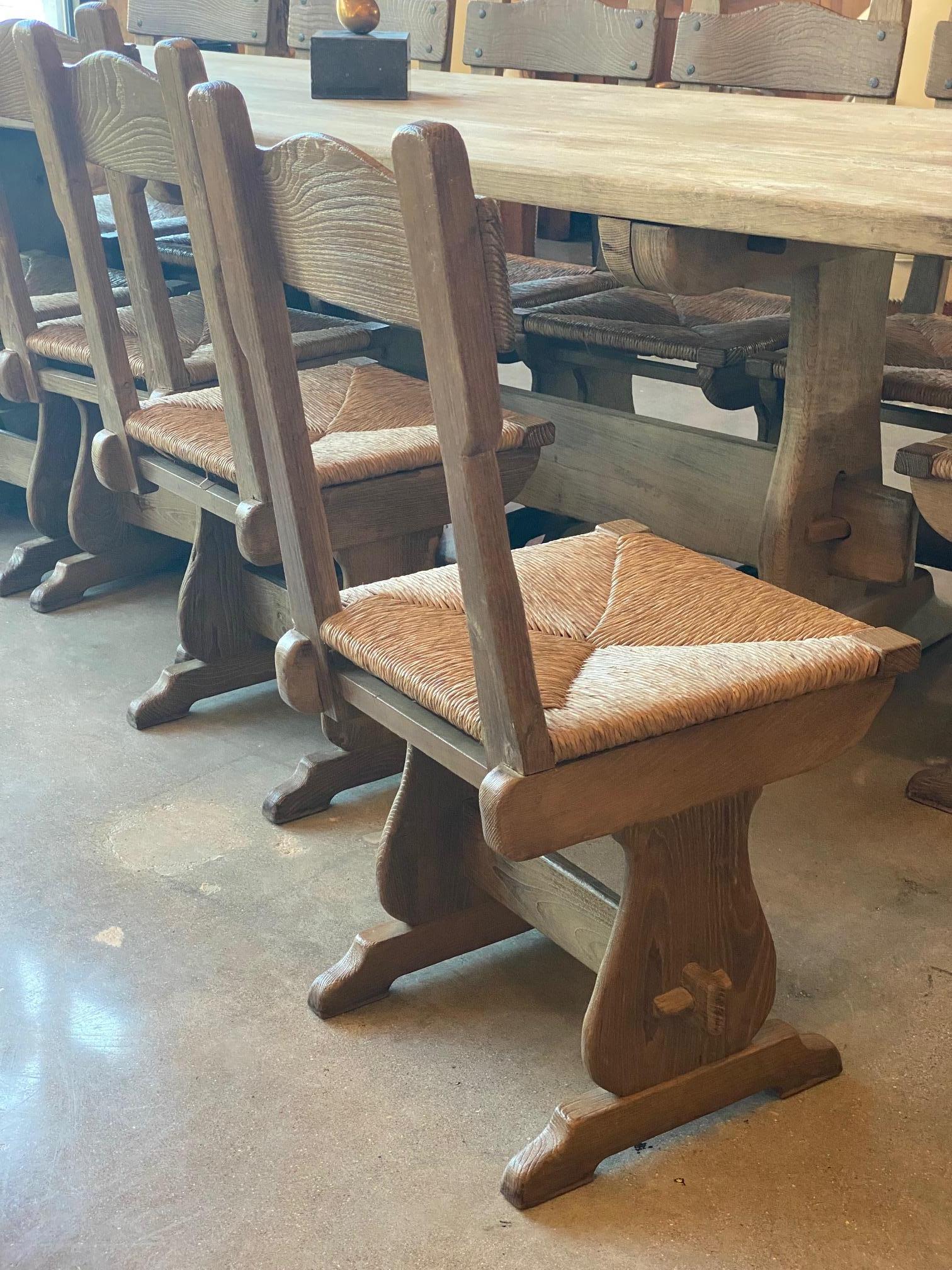 Set of 12 Oak and Rush Dining Chairs, France, 1950's 1
