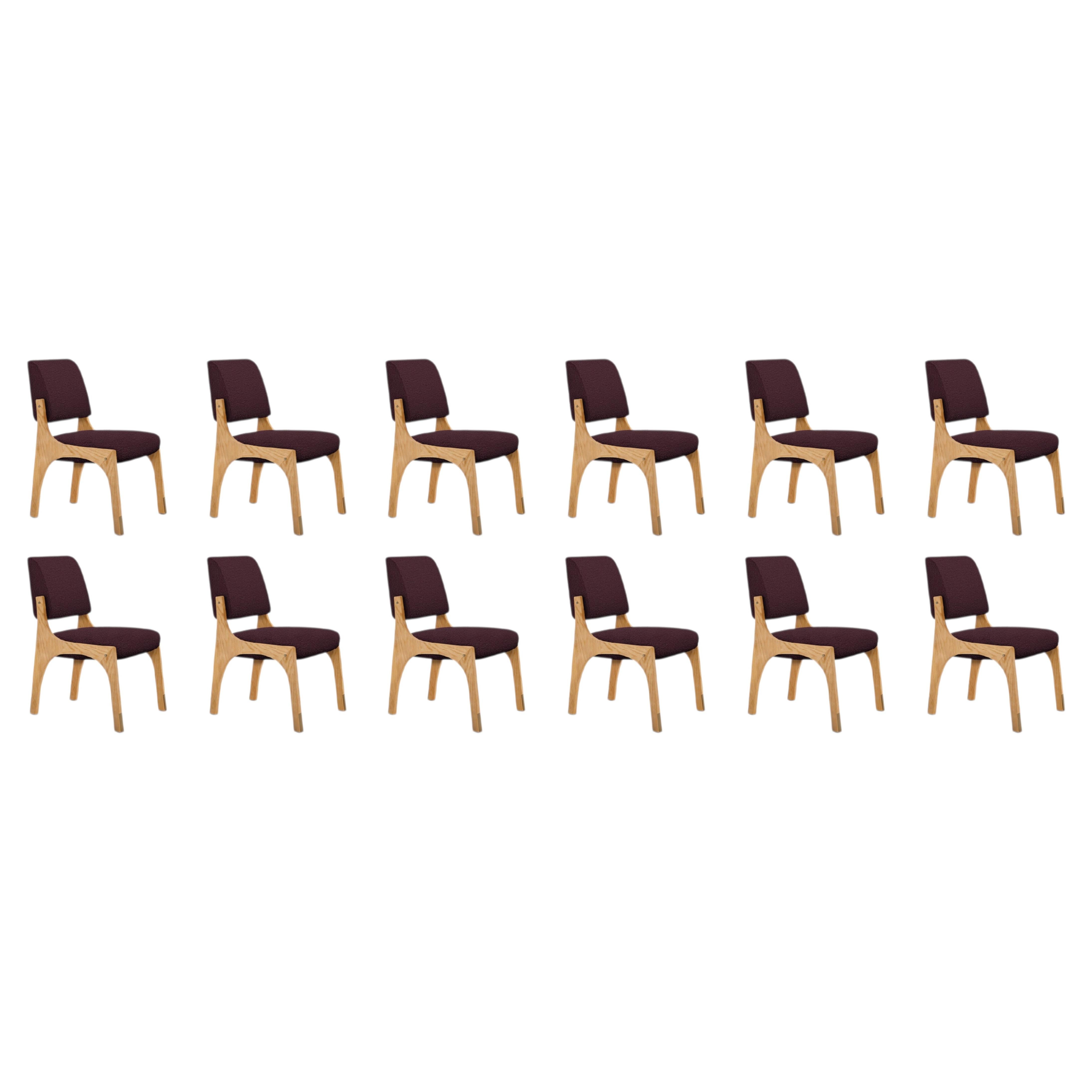 Set of 12 oak burgundy bouclé armless Arches II dining chairs by InsidherLand