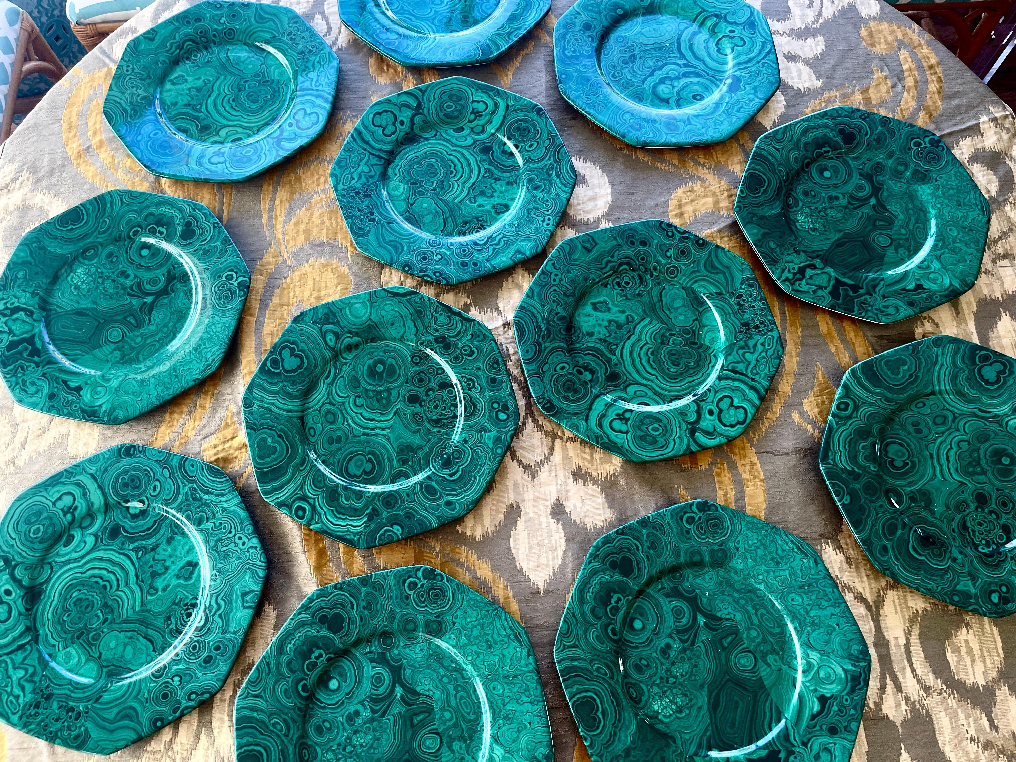 Malachite Porcelain Octagon Plates, Italy, Set of 12 3