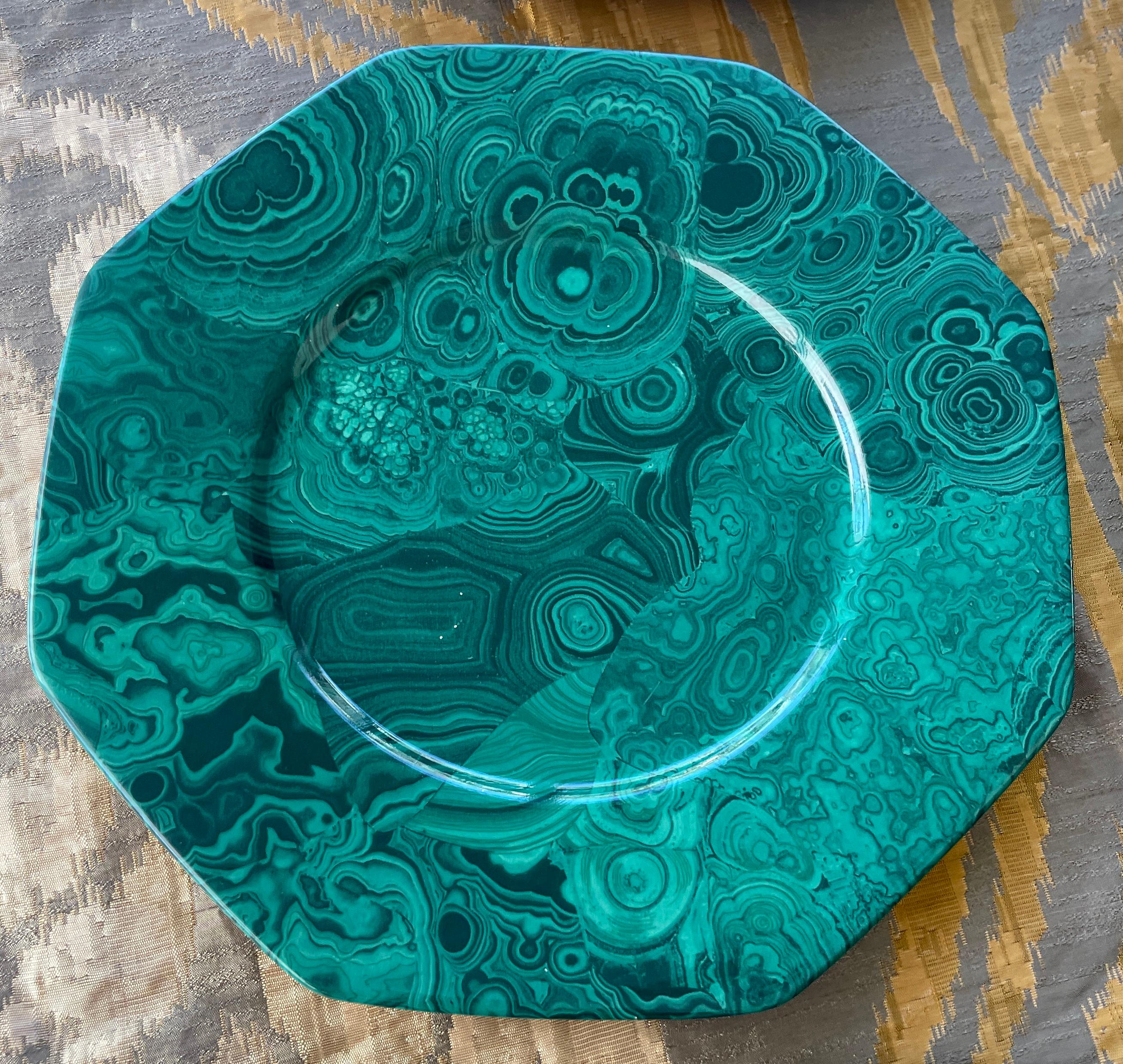 Malachite Porcelain Octagon Plates, Italy, Set of 12 4
