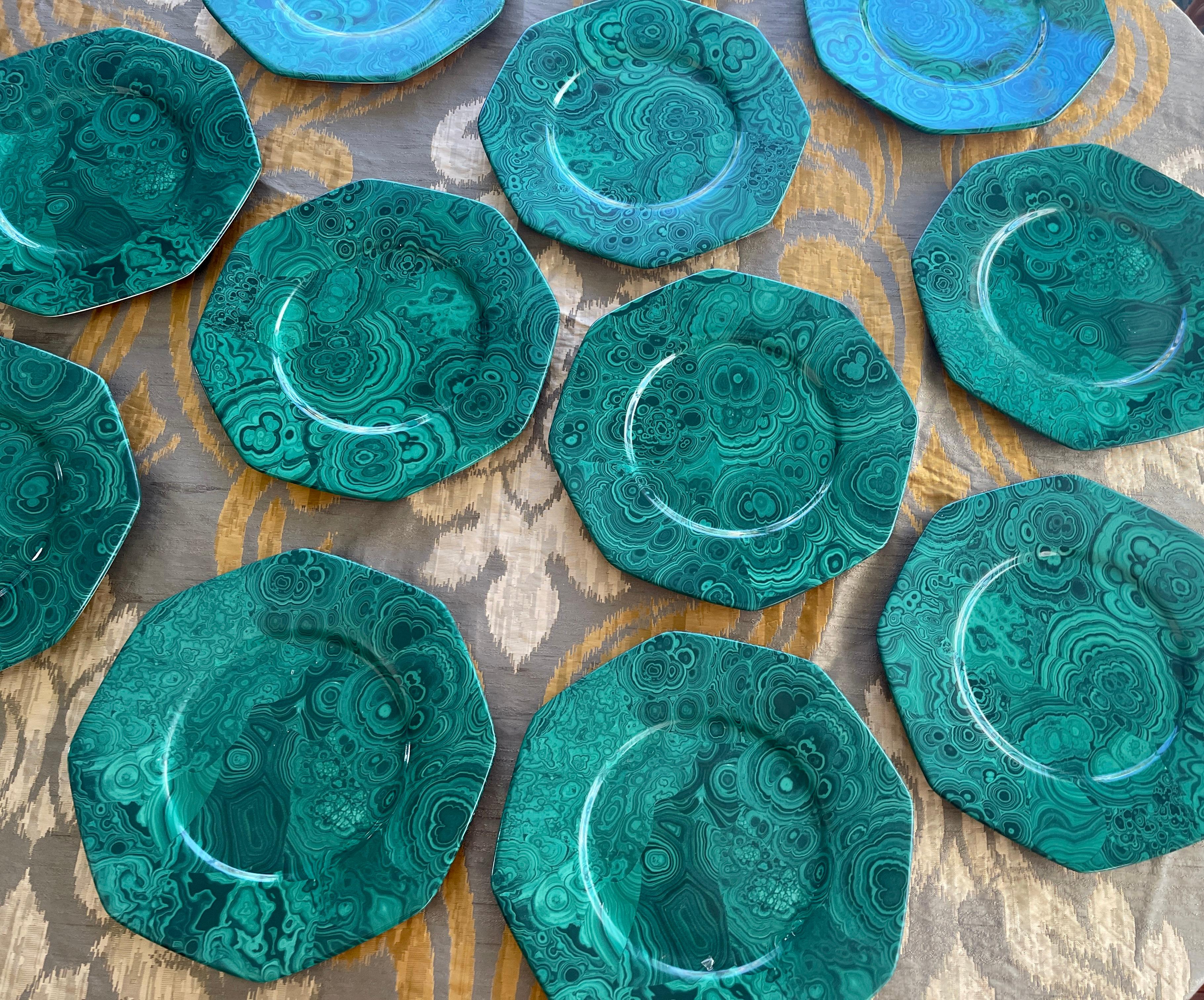 Malachite Porcelain Octagon Plates, Italy, Set of 12 5