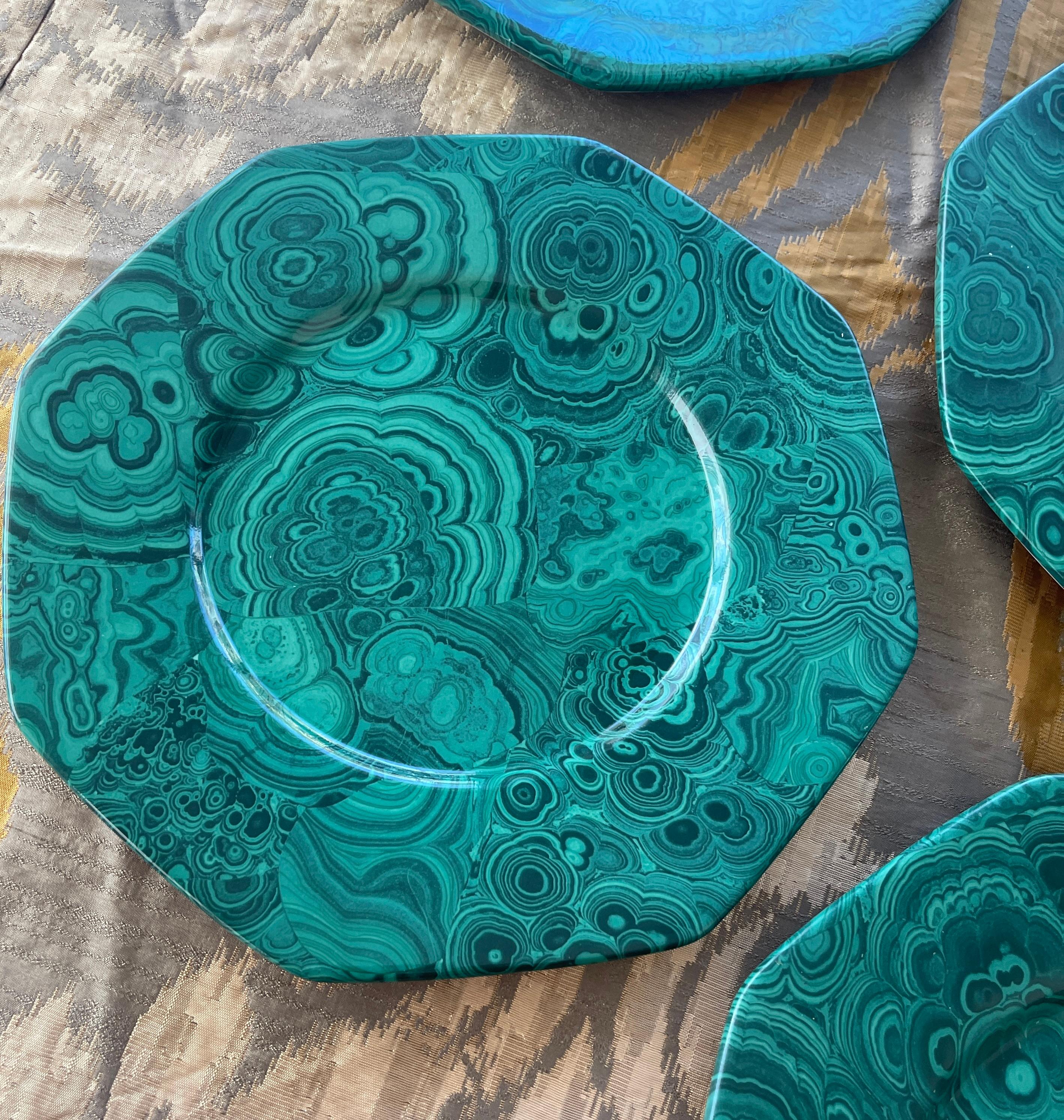 Hollywood Regency Malachite Porcelain Octagon Plates, Italy, Set of 12