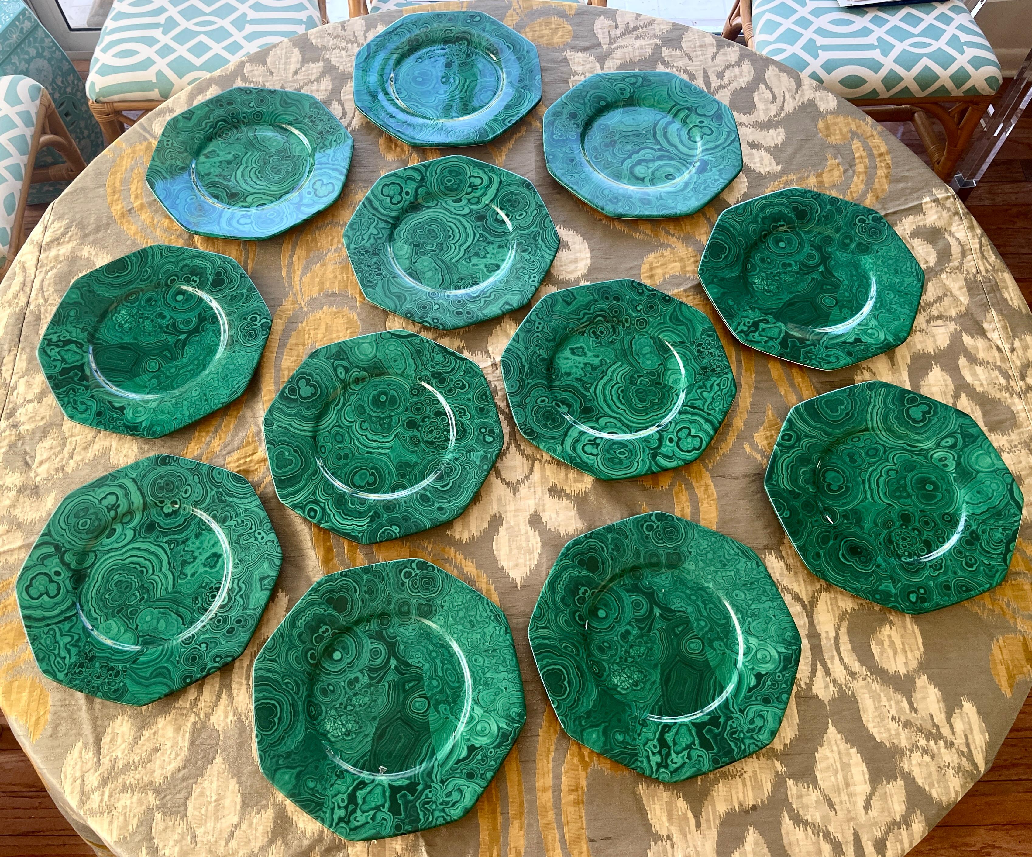 20th Century Malachite Porcelain Octagon Plates, Italy, Set of 12