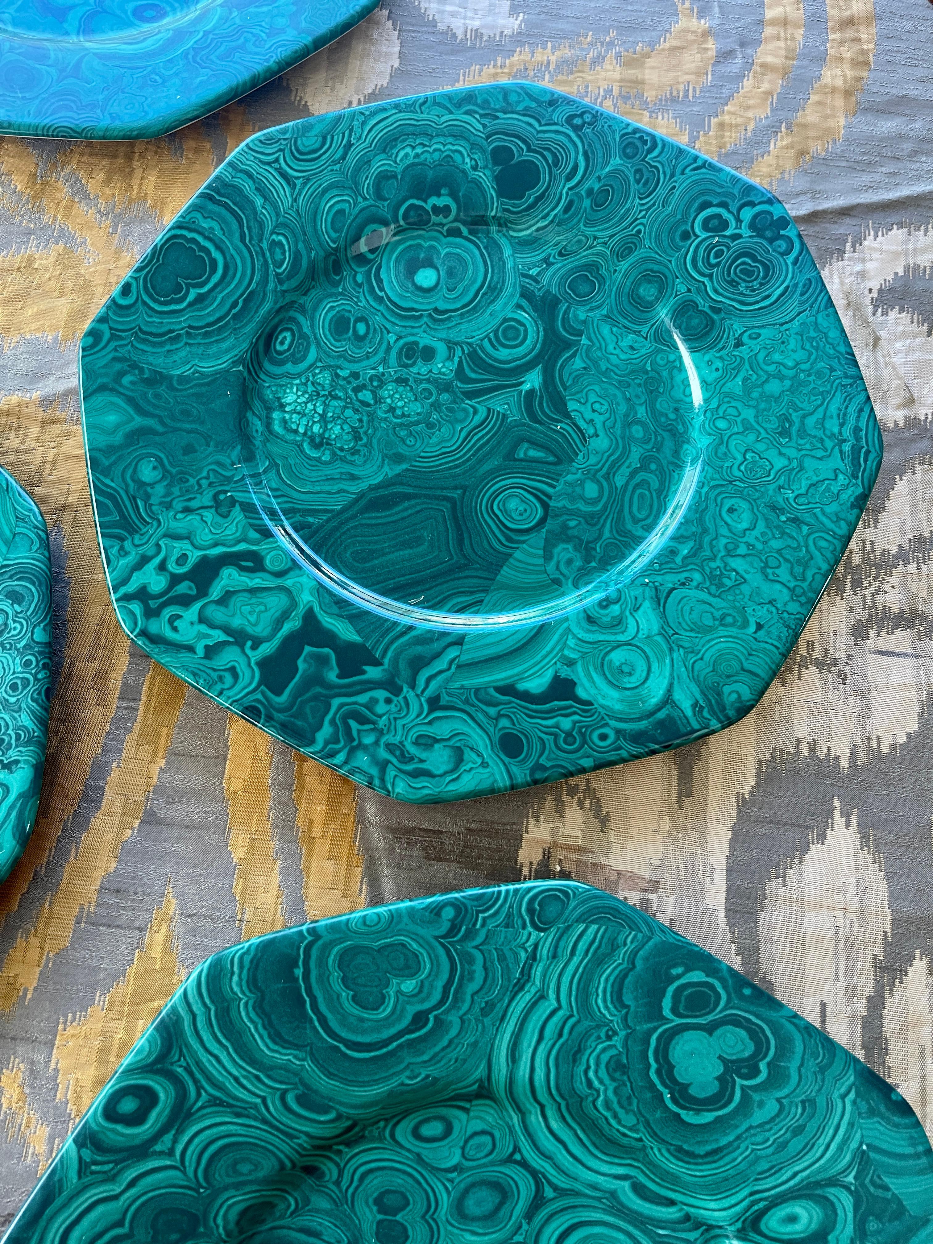 Malachite Porcelain Octagon Plates, Italy, Set of 12 1