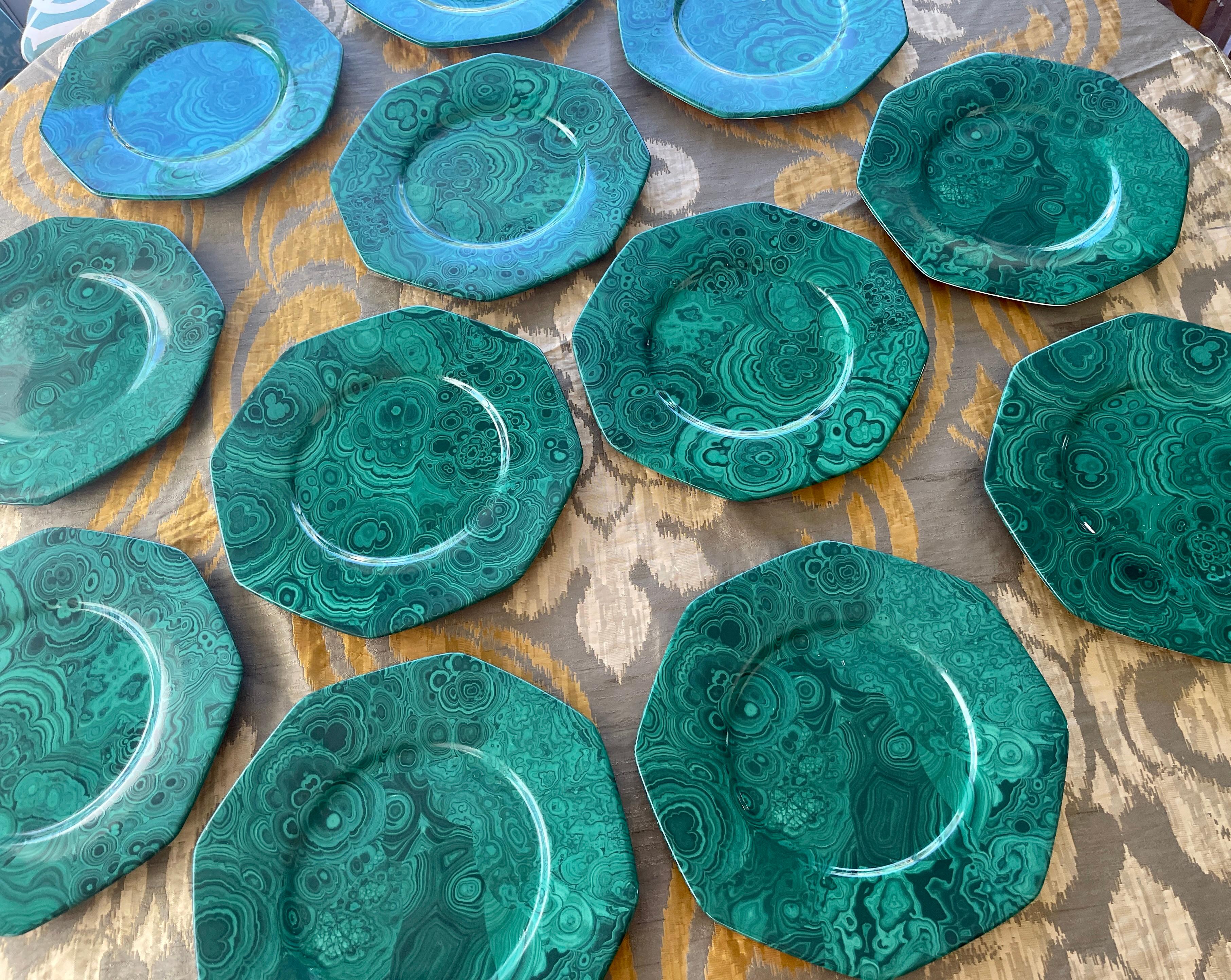 Malachite Porcelain Octagon Plates, Italy, Set of 12 2