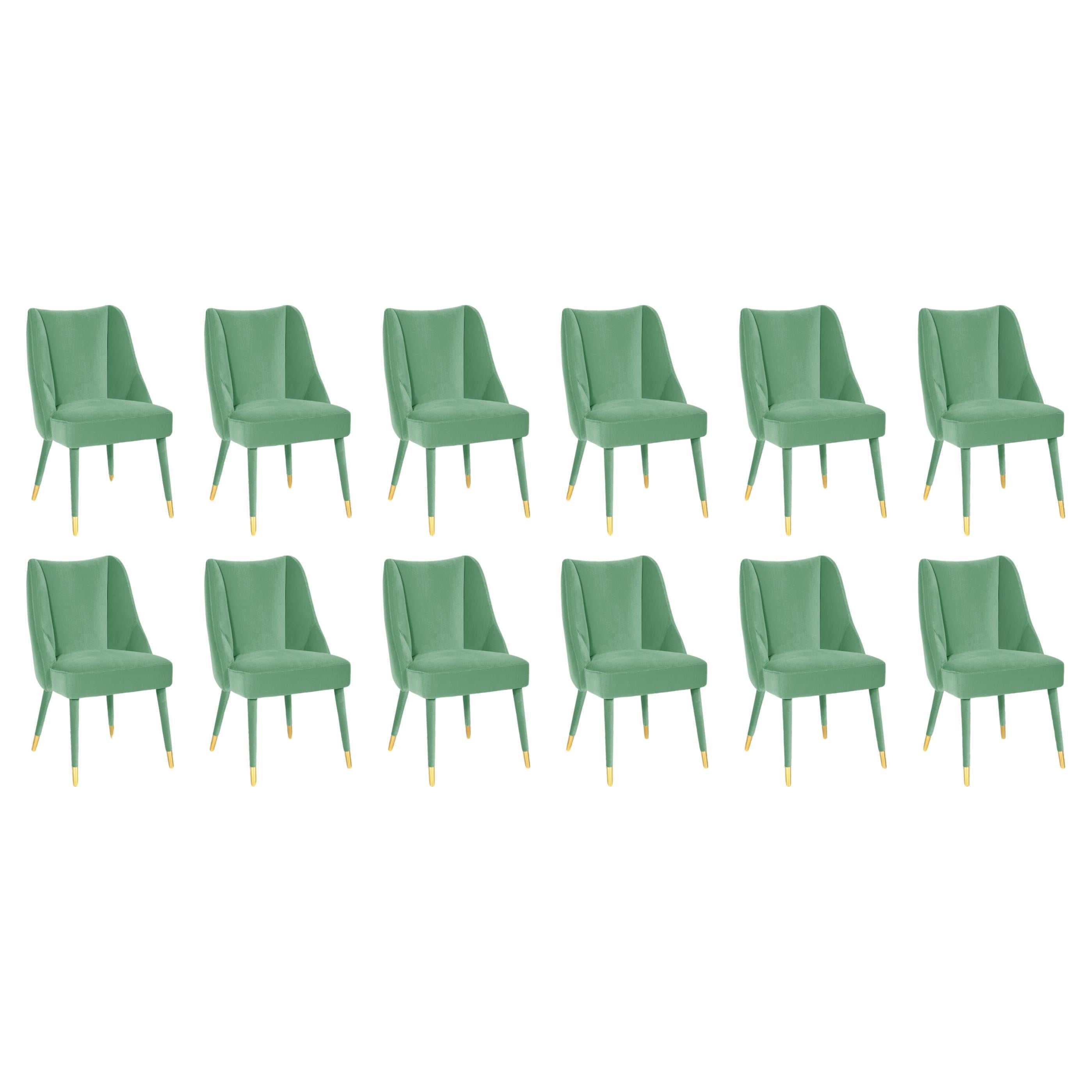 Set of 12 Organic turquoise velvet brass Figueroa dining chair by InsidherLand For Sale