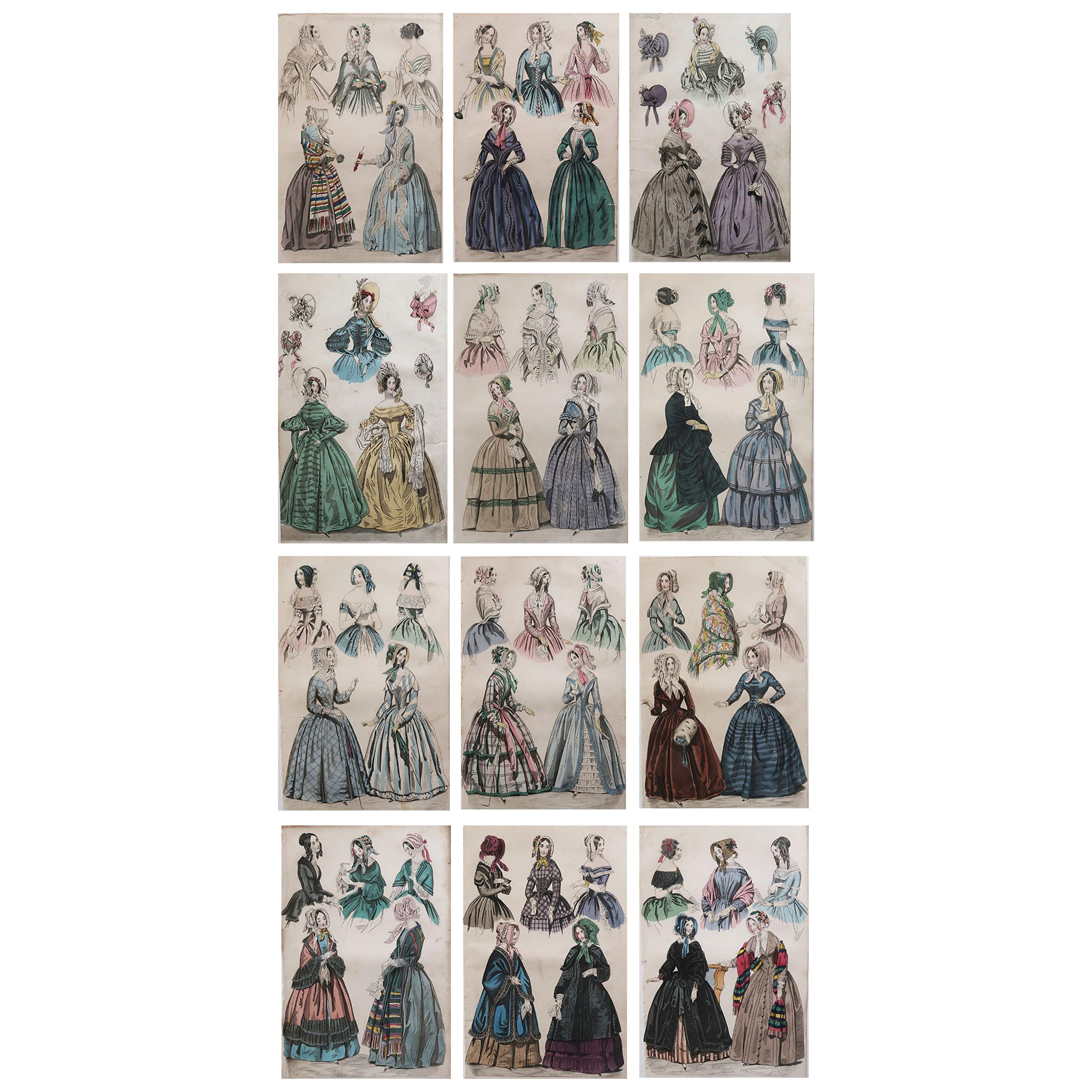 Set of 12 Original Antique Fashion Prints, circa 1840