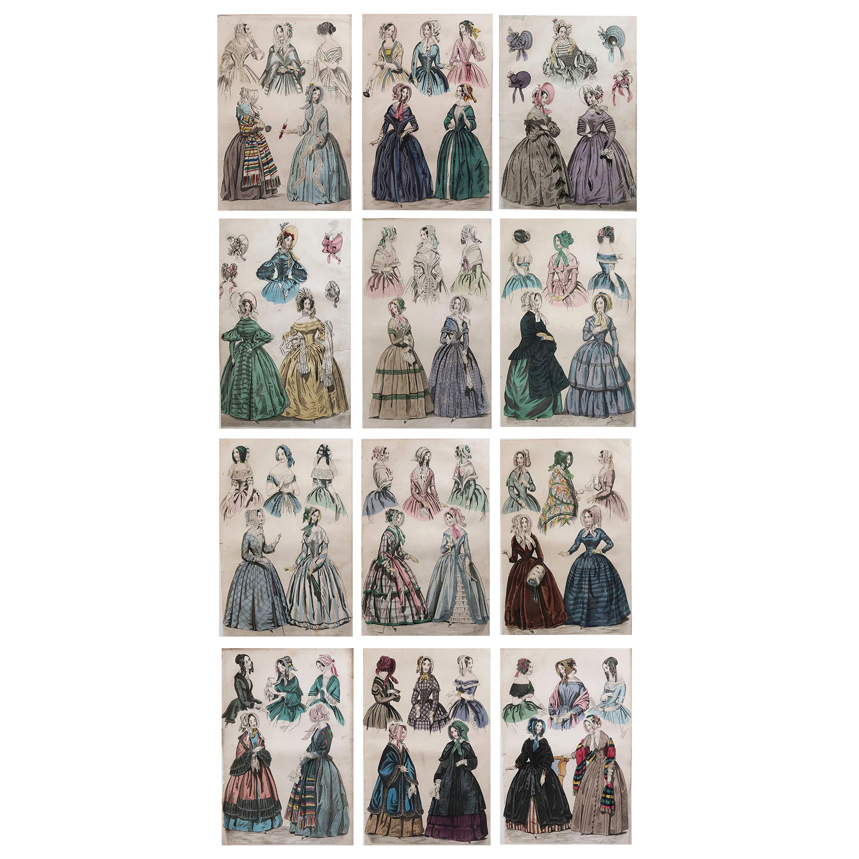 Set of 12 Original Antique Fashion Prints, circa 1840