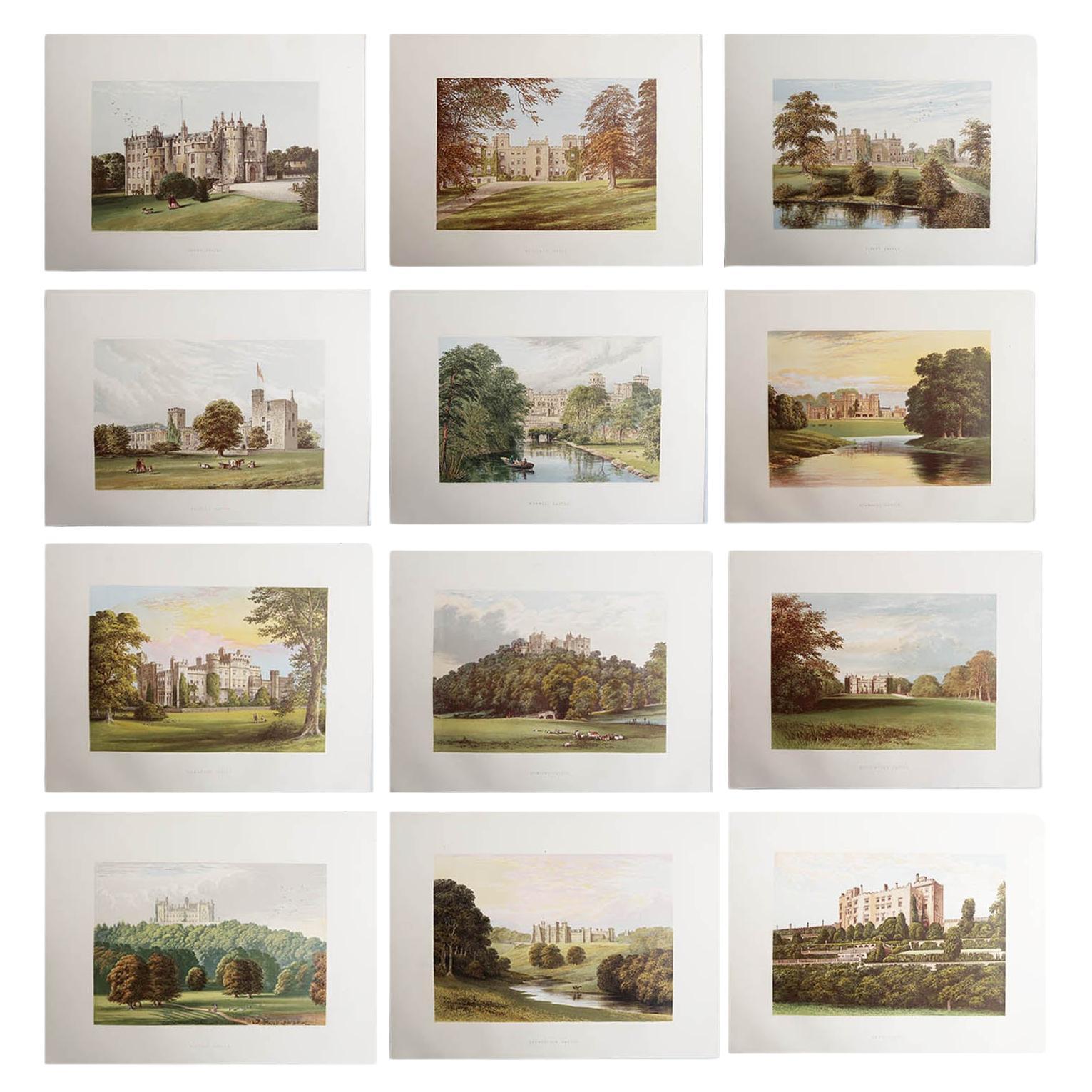 Ensemble de 12 estampes anciennes originales de châteaux anglais, vers 1880 en vente