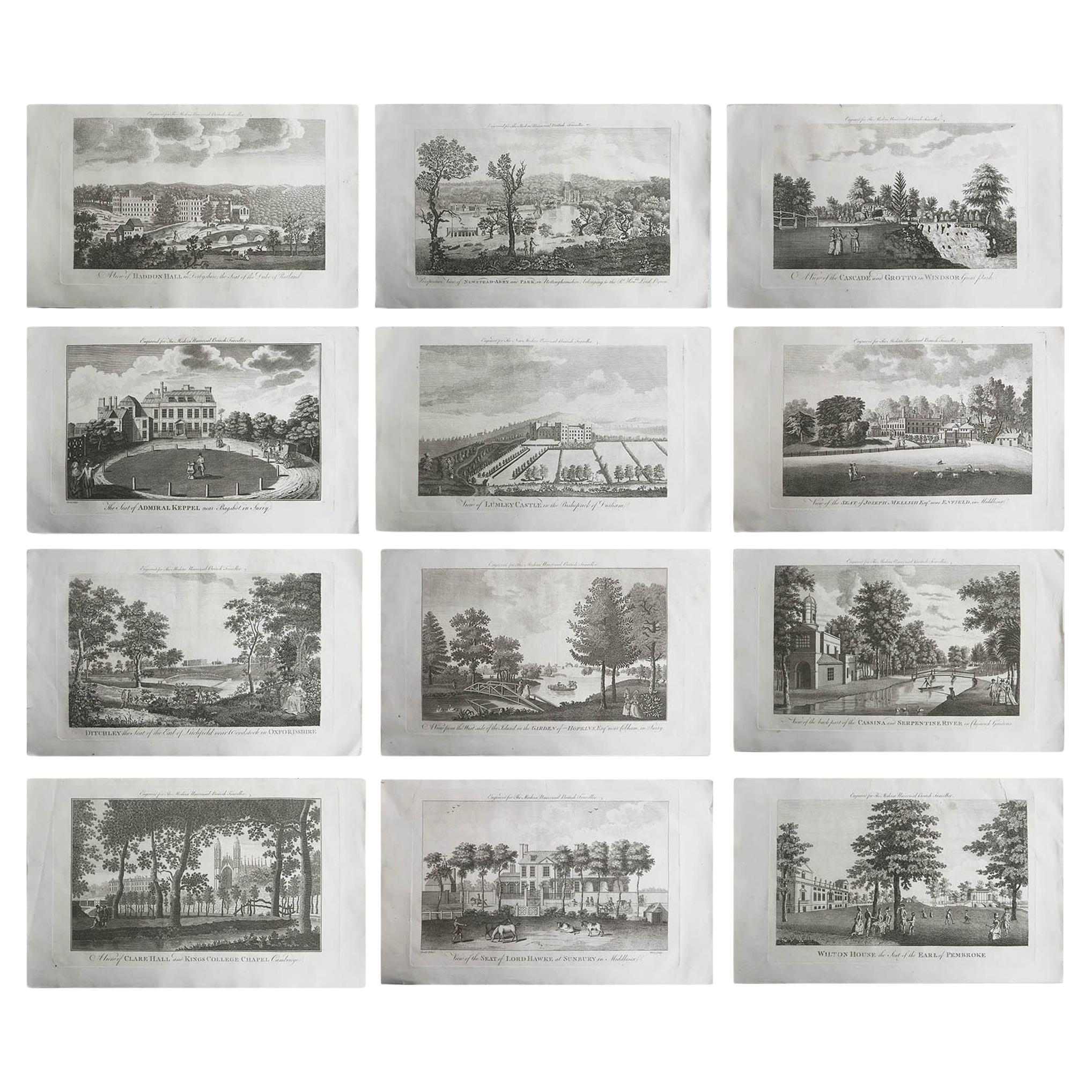 Satz von 12 Original-Antikdrucken von englischen Landhäusern und Gärten, C.1790 im Angebot
