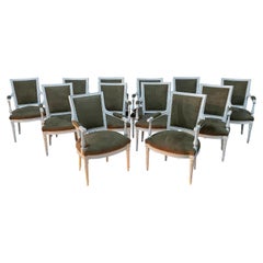 Set of 12 Painted Louis XVI Armchairs with Brown Suede Upholstery, 19th Century