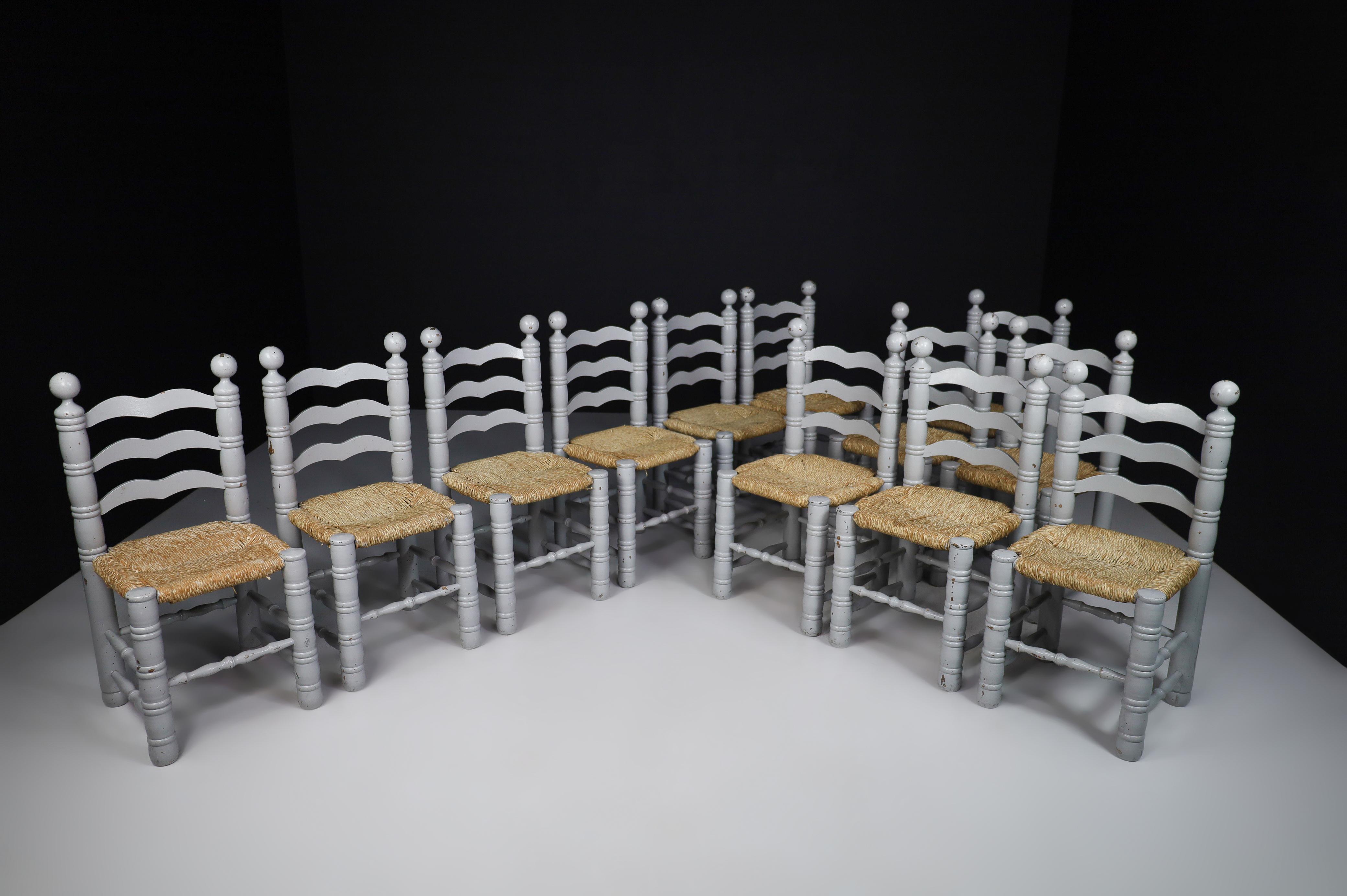 Set of 12 Painted Oak and Rush Turned Chairs by Charles Dudouyt, France 1940 For Sale 1