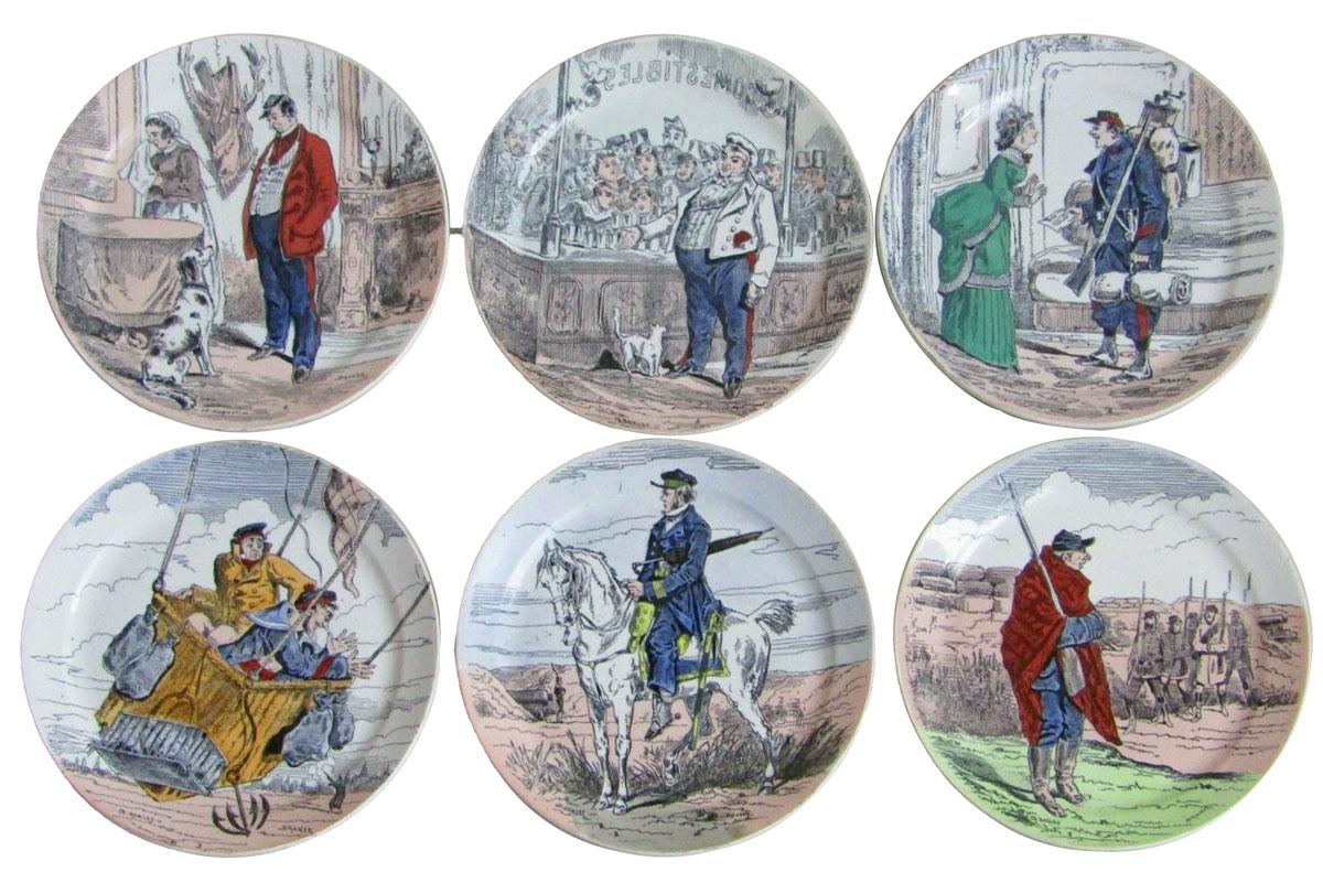 These 12 plates in white earthenware are decorated with a colored story about 