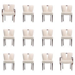 Ensemble de 12 chaises de salle à manger à dossier corseté en bouclé blanc ivoire de Paul Frankl, c. années 1950