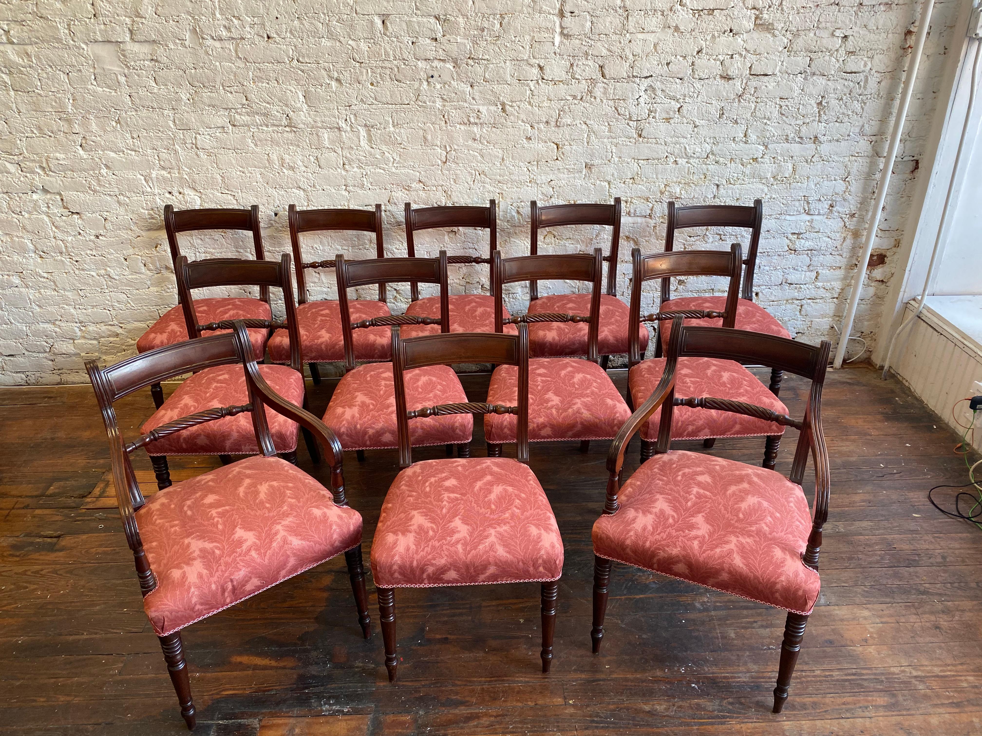Brass Set of 12 Period 19th Century English Regency Mahogany Dining Chairs