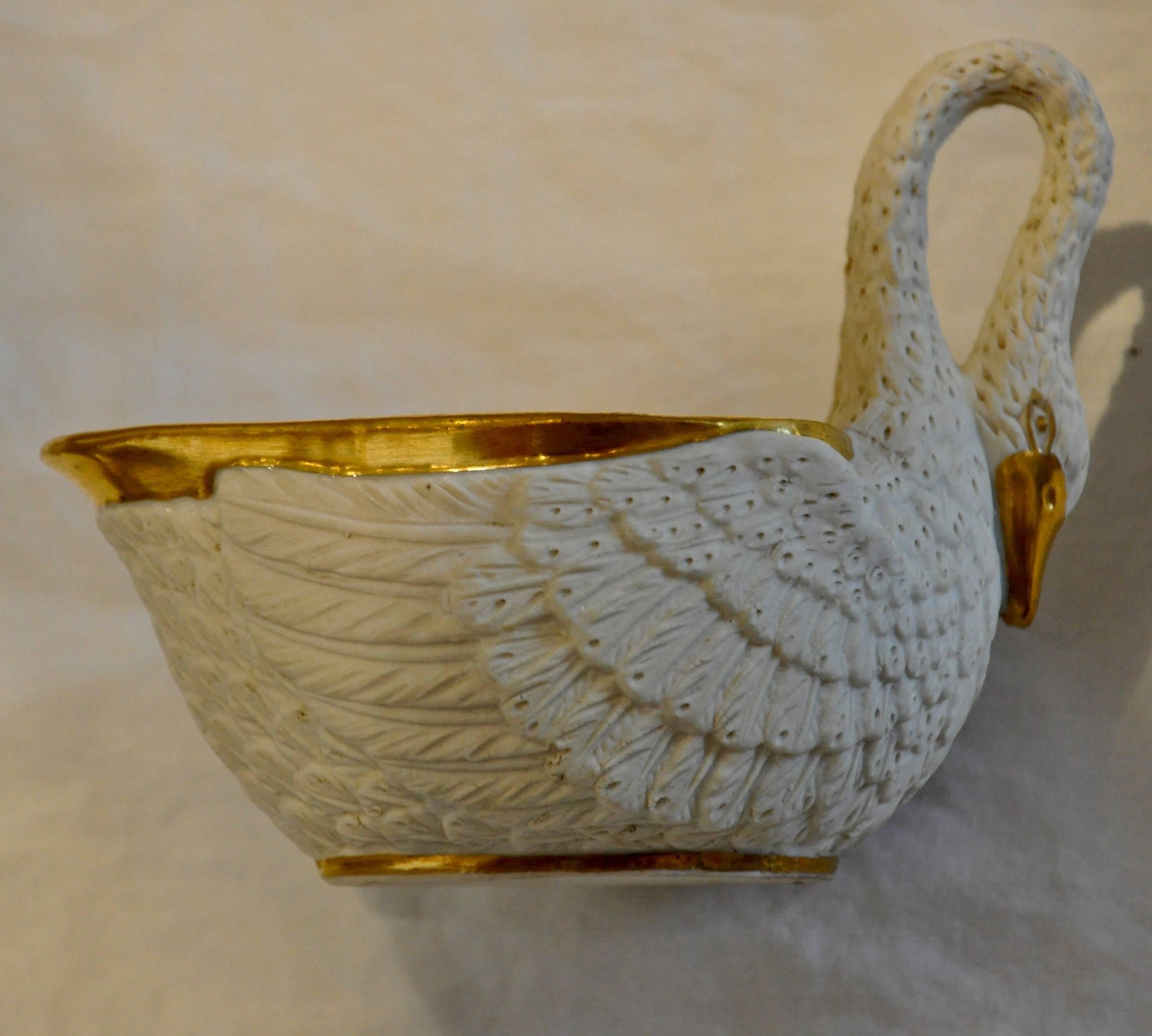 French Set of 12 Period Empire Bisque Porcelain and Gilt Swan Cups, Marked Sevres