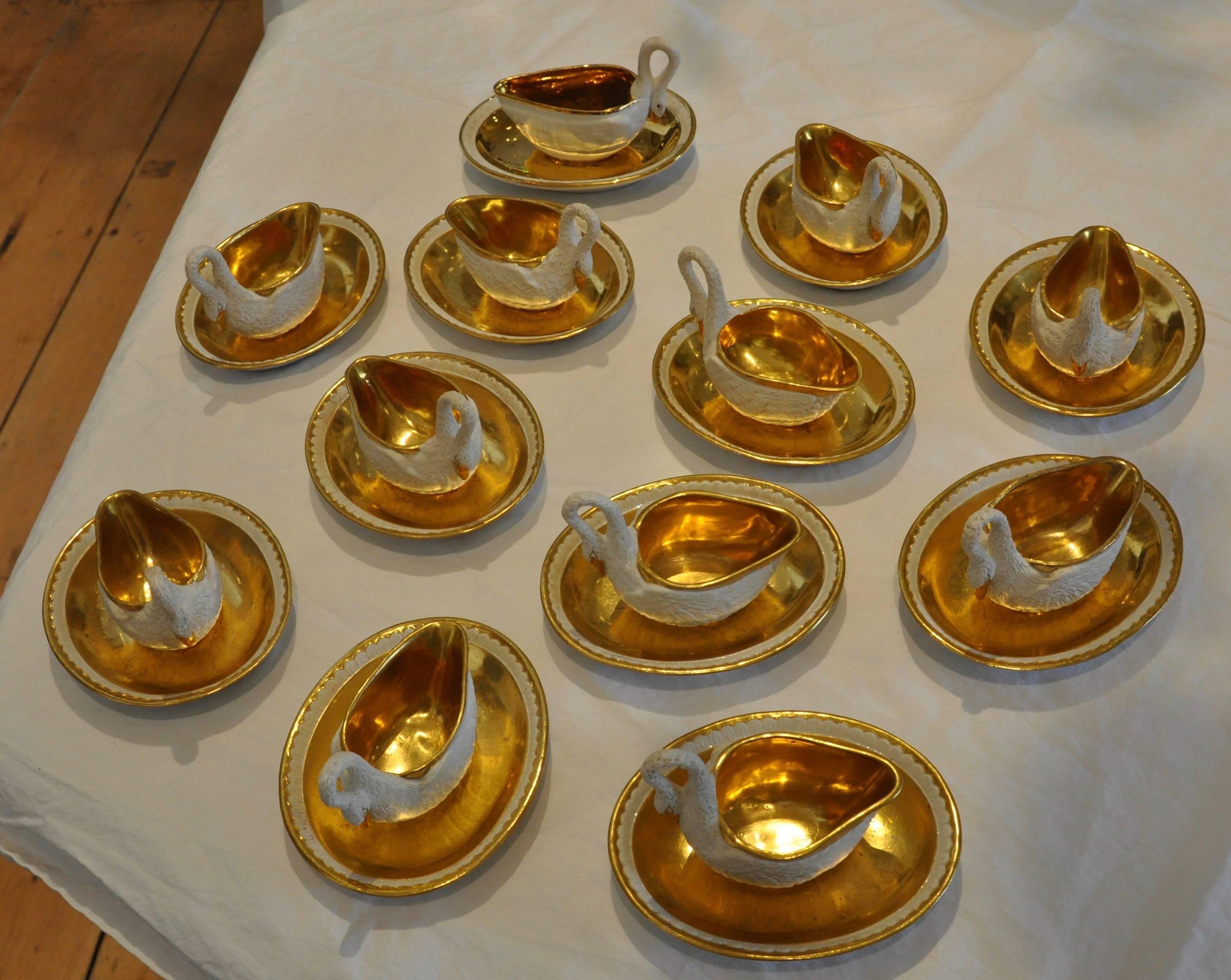 Set of 12 Period Empire Bisque Porcelain and Gilt Swan Cups, Marked Sevres 3
