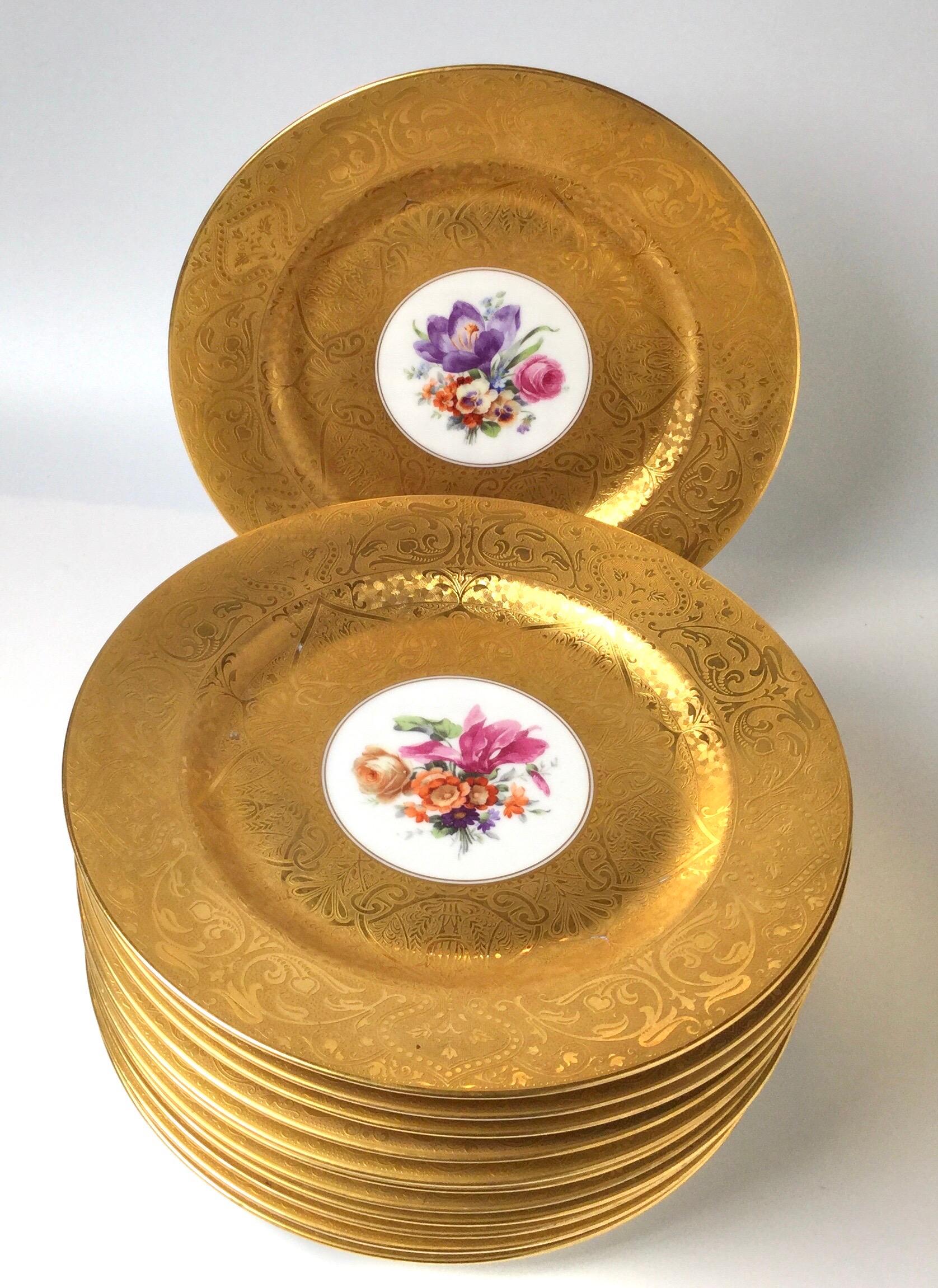 Set of 12 Porcelain Gold Encrusted German Service Plates In Good Condition In Lambertville, NJ