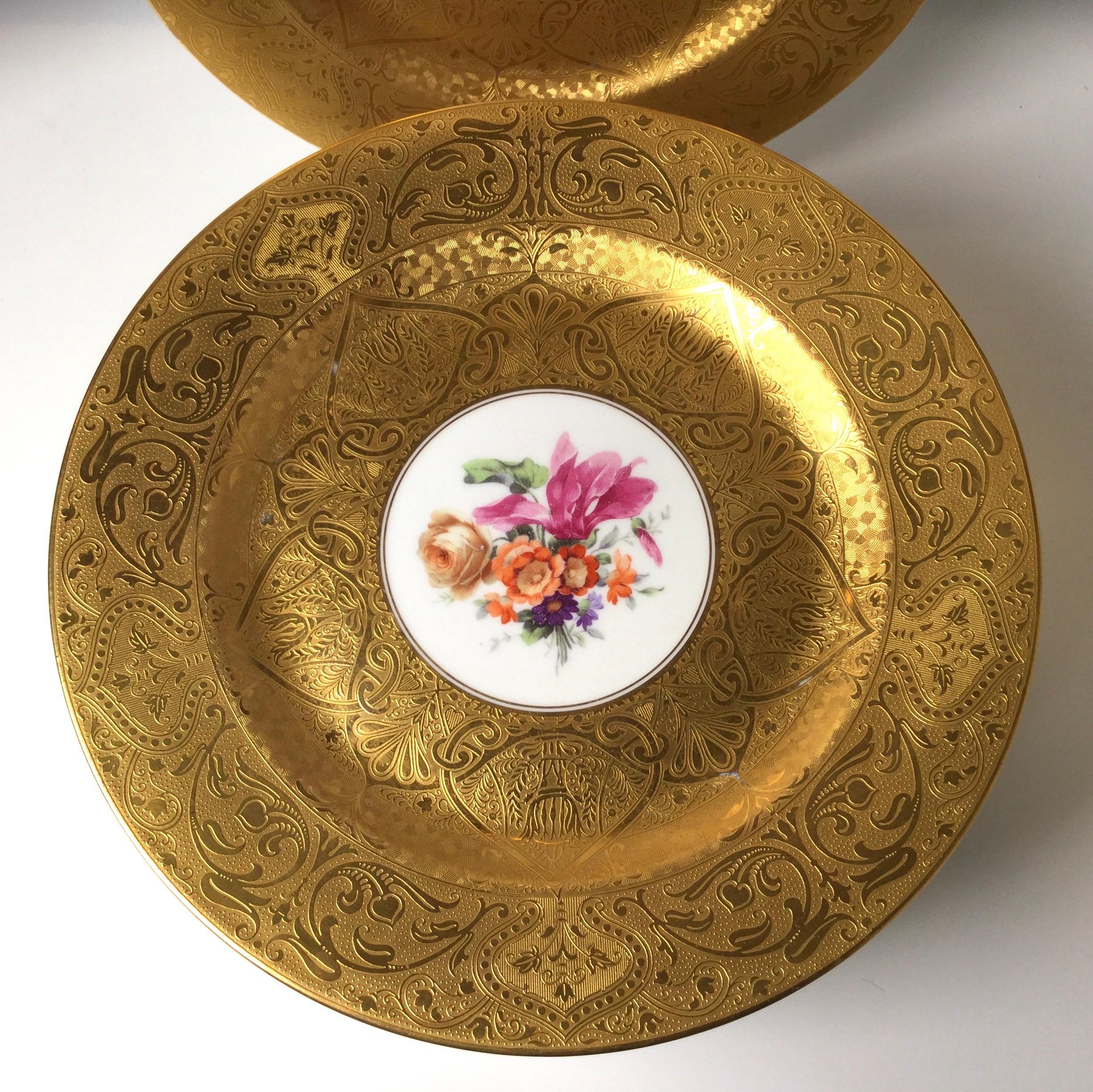 Early 20th Century Set of 12 Porcelain Gold Encrusted German Service Plates