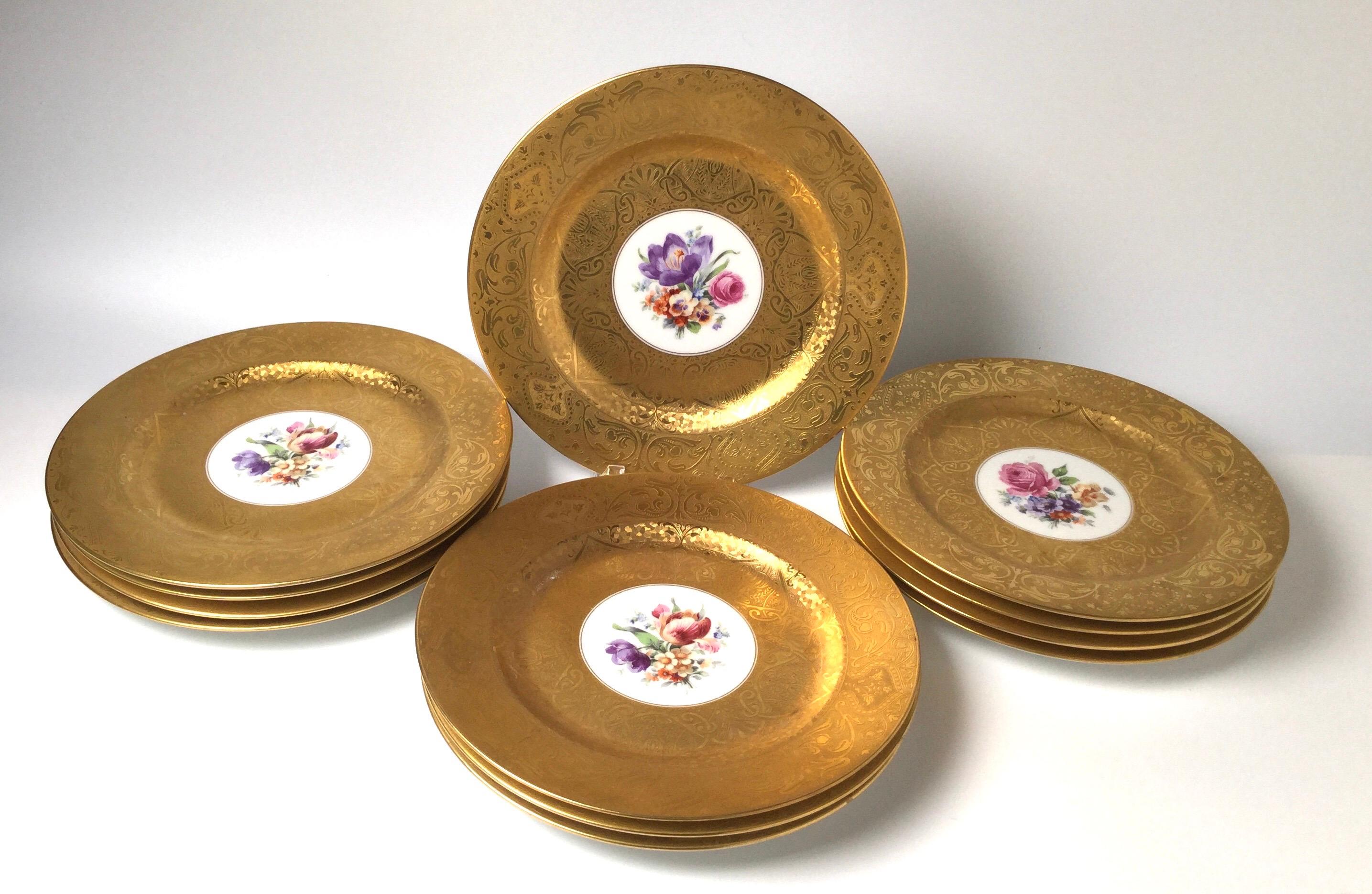 Set of 12 Porcelain Gold Encrusted German Service Plates 4