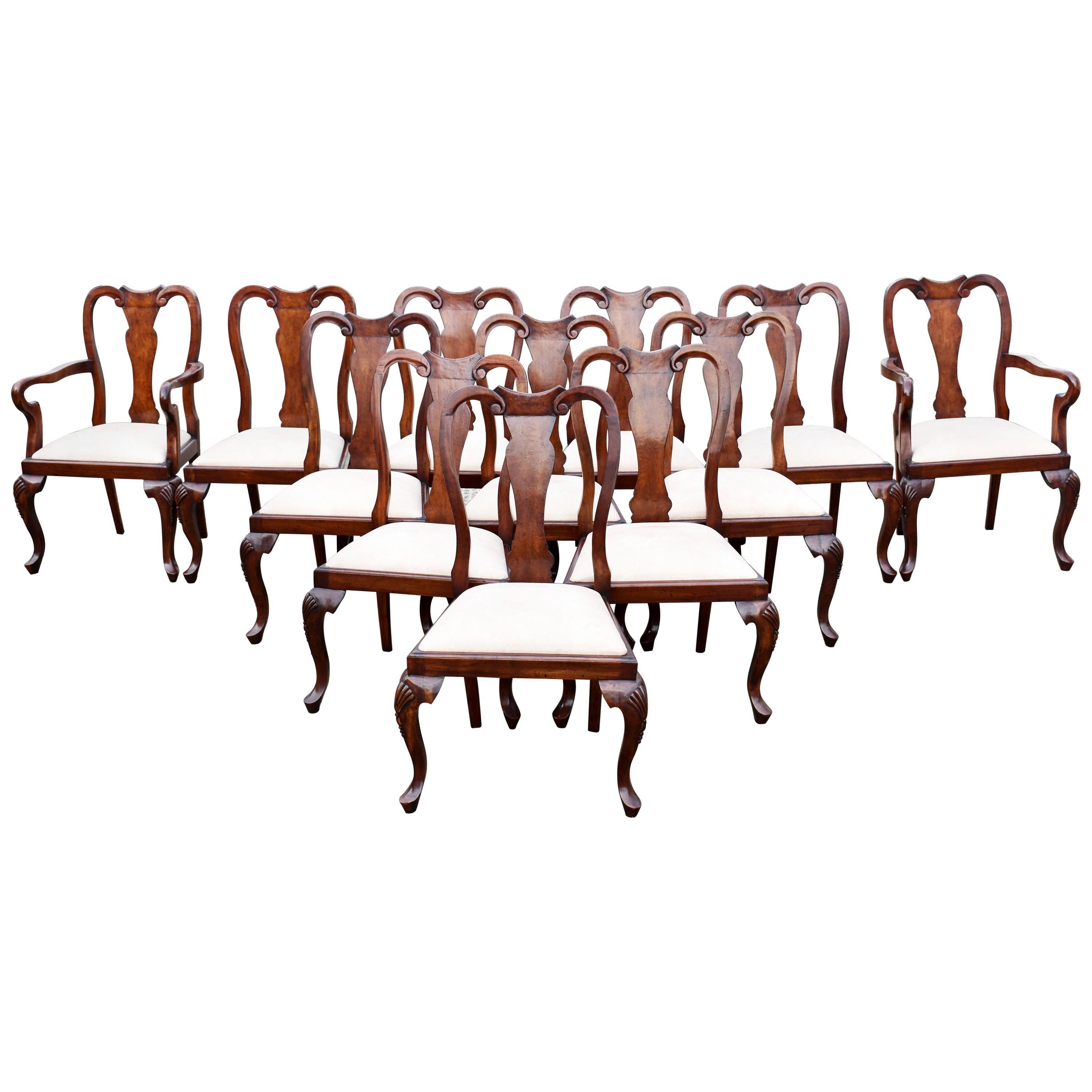 Set of 12 Queen Anne Style Burr Walnut Dining Chairs