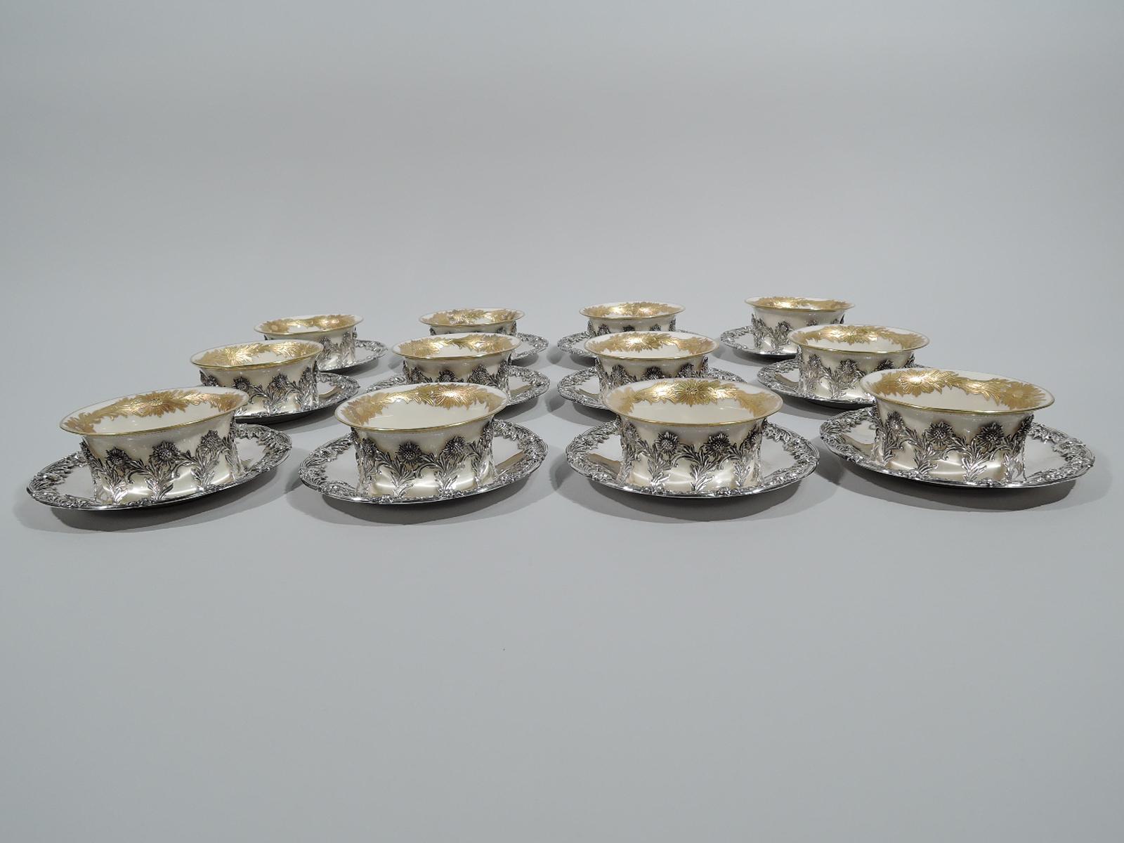 Japonisme Set of 12 Rare Tiffany Chrysanthemum Bouillon Cups and Original Lenox Inserts