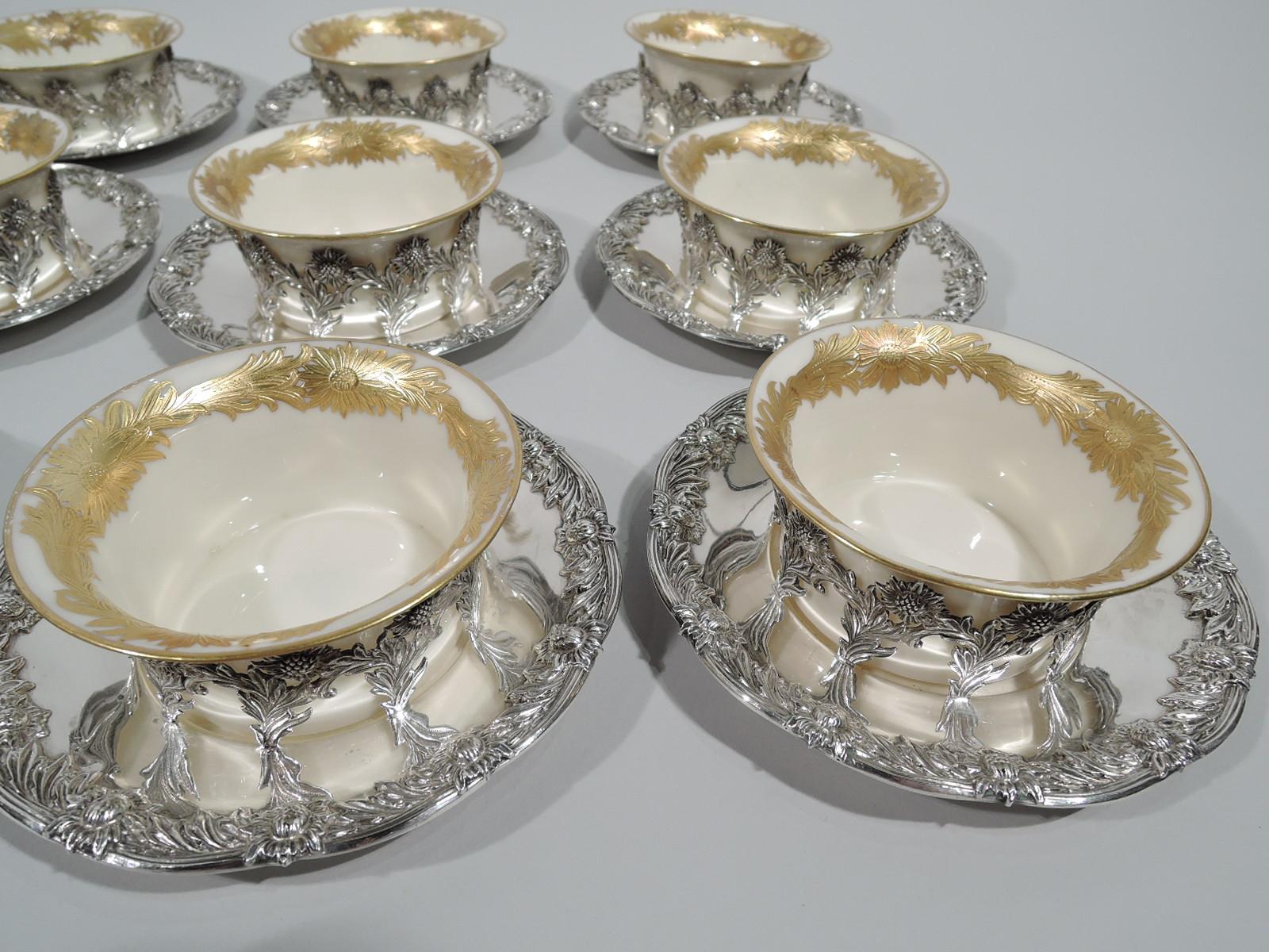 American Set of 12 Rare Tiffany Chrysanthemum Bouillon Cups and Original Lenox Inserts