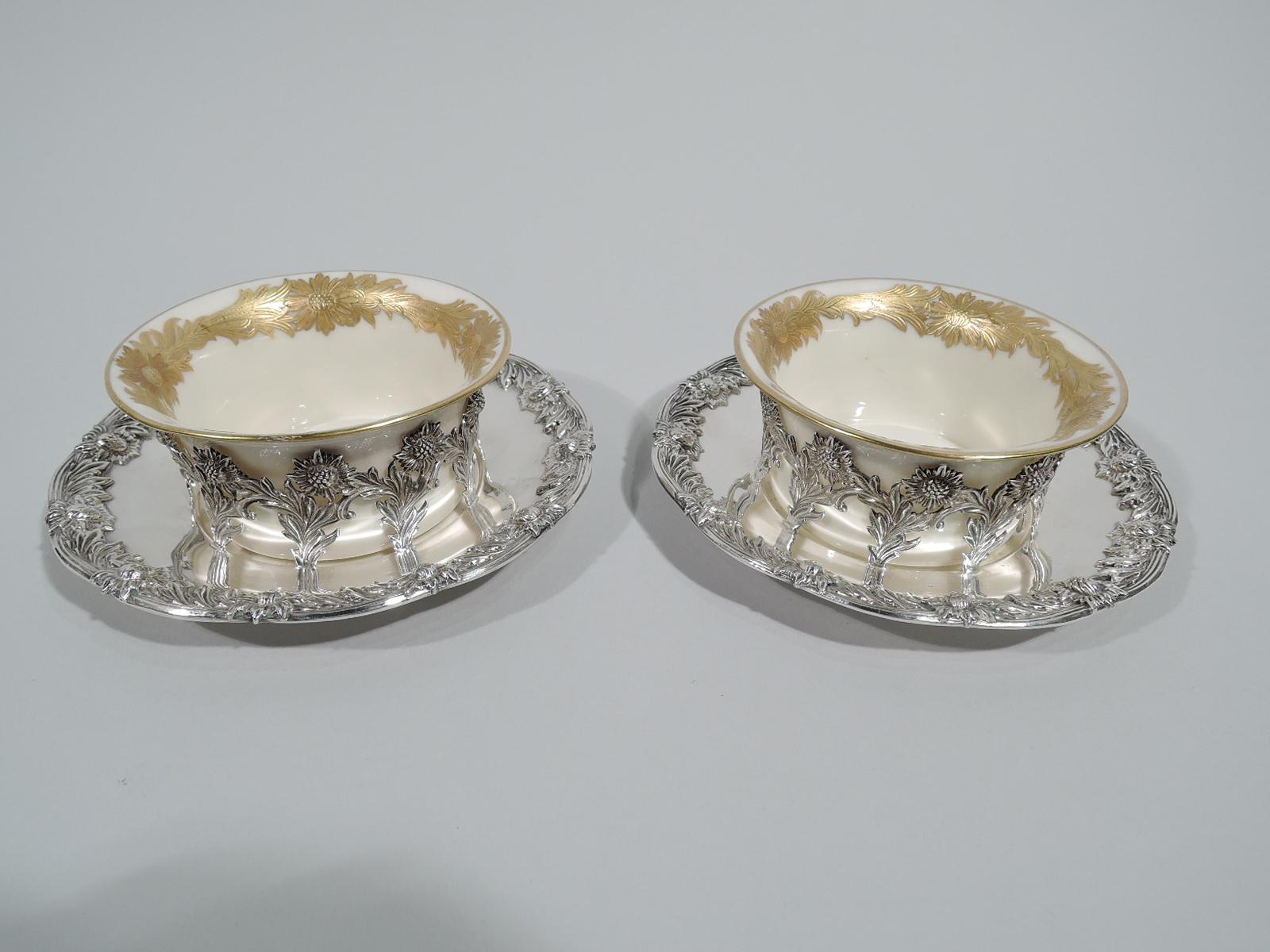 Gilt Set of 12 Rare Tiffany Chrysanthemum Bouillon Cups and Original Lenox Inserts