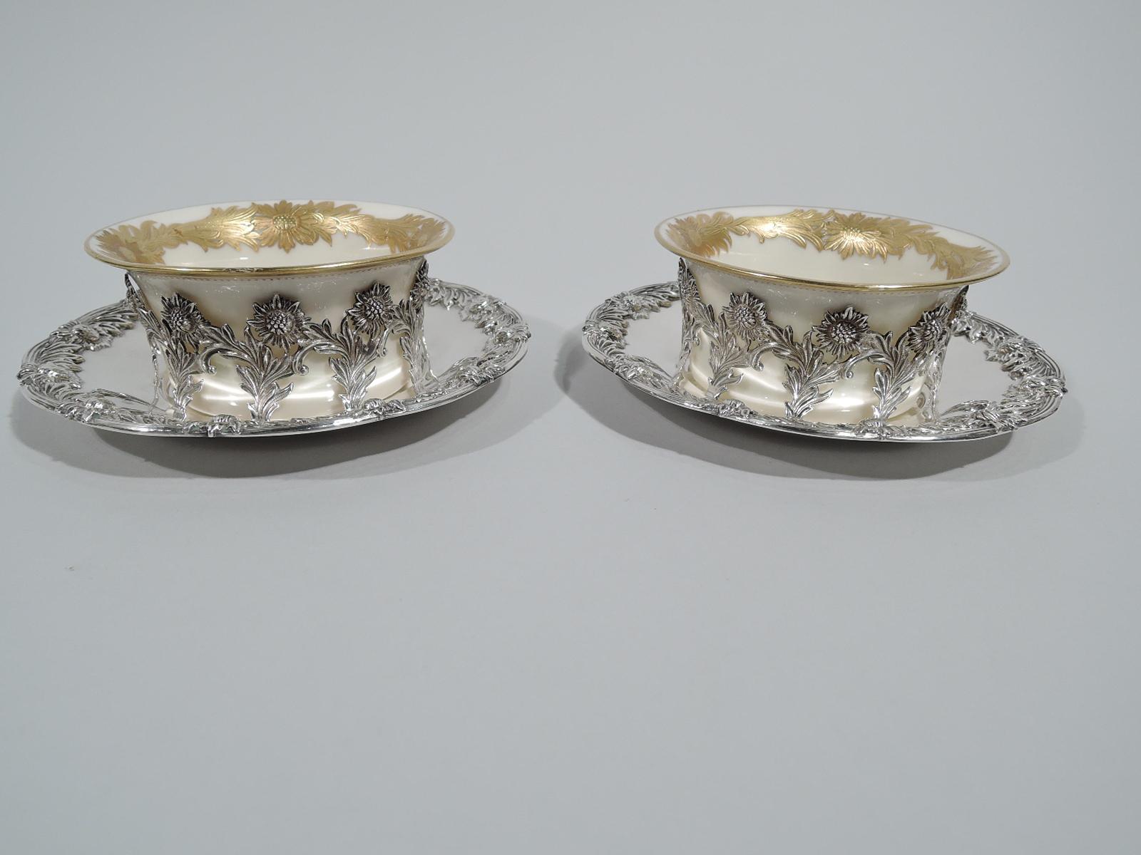 Set of 12 Rare Tiffany Chrysanthemum Bouillon Cups and Original Lenox Inserts In Excellent Condition In New York, NY