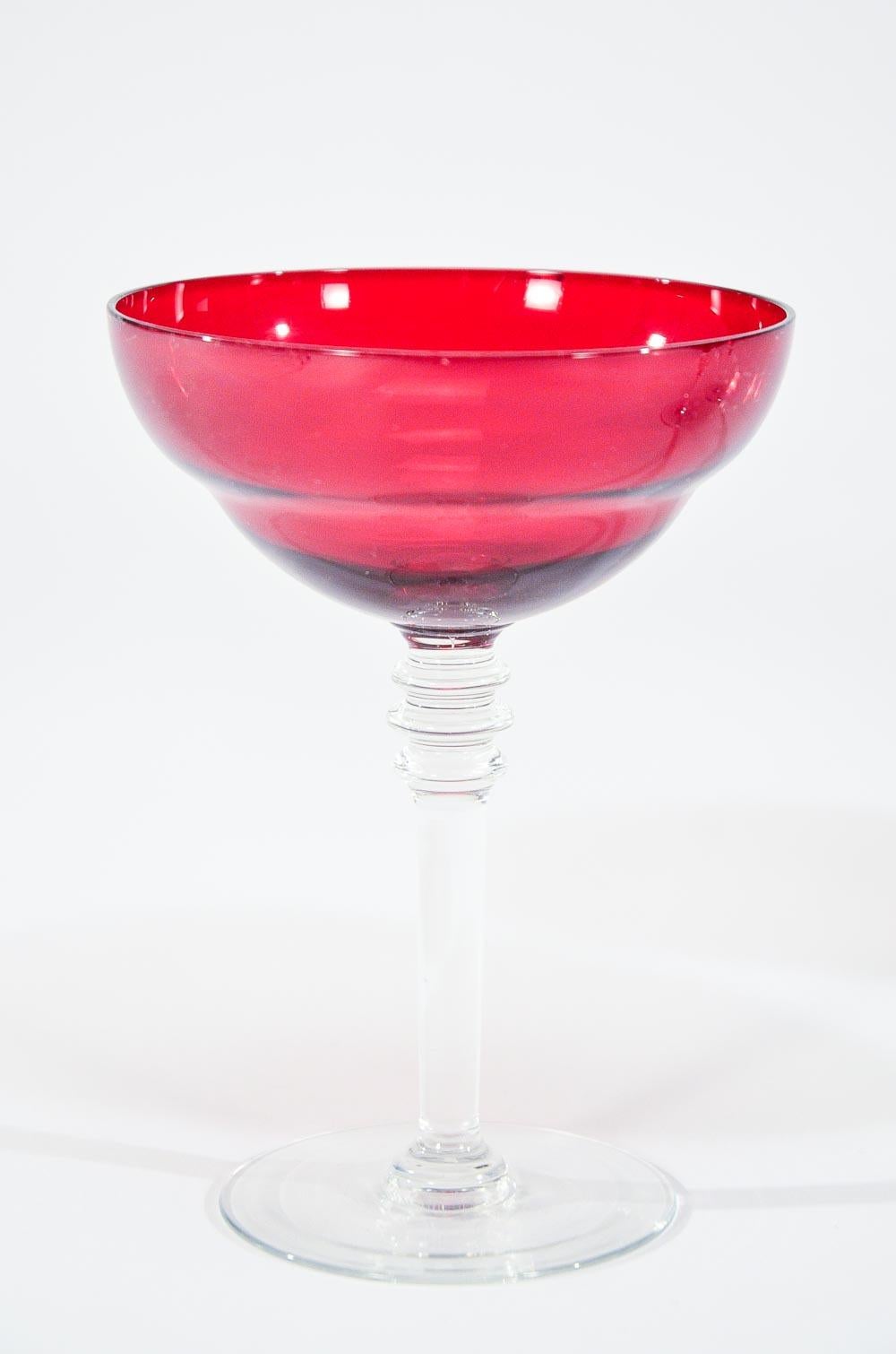 Set of 12 Art Deco Style Ruby Red Crystal Champagne Coupes and Martini Goblets In Excellent Condition For Sale In Great Barrington, MA