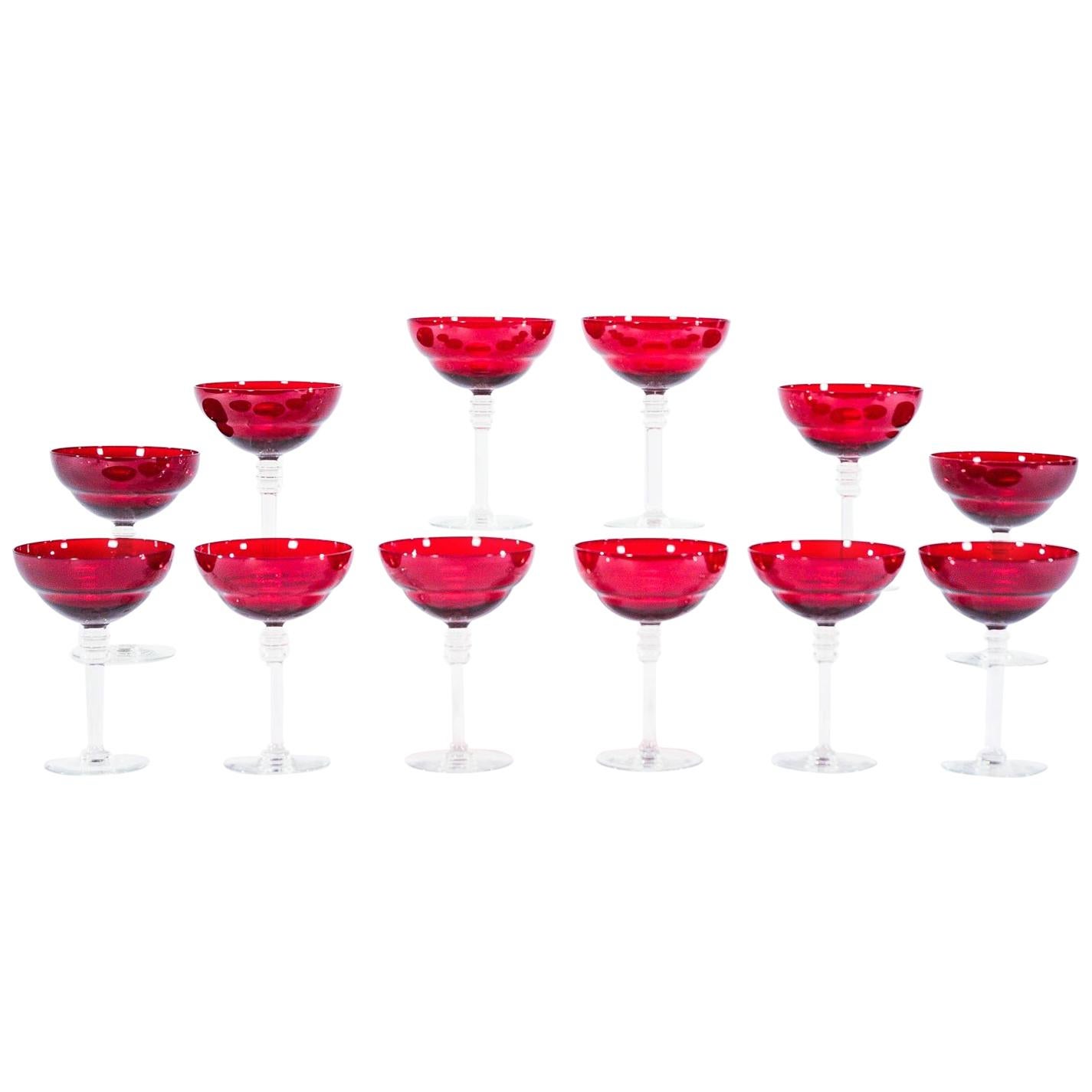 Set of 12 Art Deco Style Ruby Red Crystal Champagne Coupes and Martini Goblets For Sale