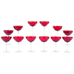 Vintage Set of 12 Art Deco Style Ruby Red Crystal Champagne Coupes and Martini Goblets