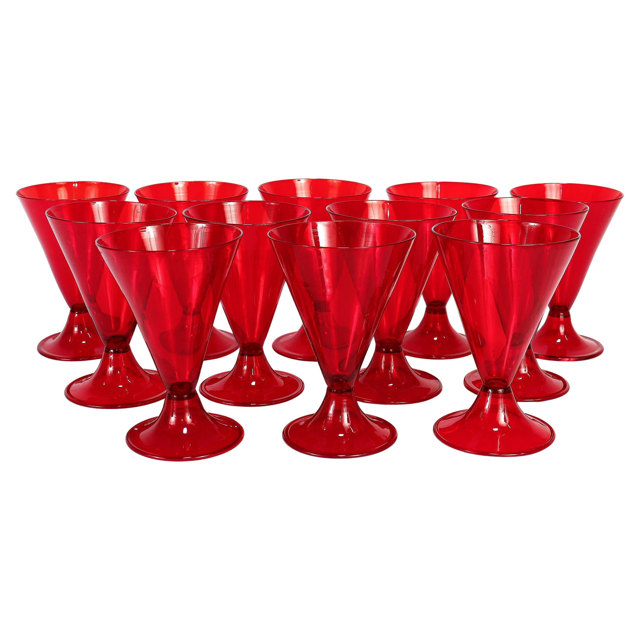 Set of 12 Red Venetian / Murano Glass Salviati Attributed Wine Goblets or Cups