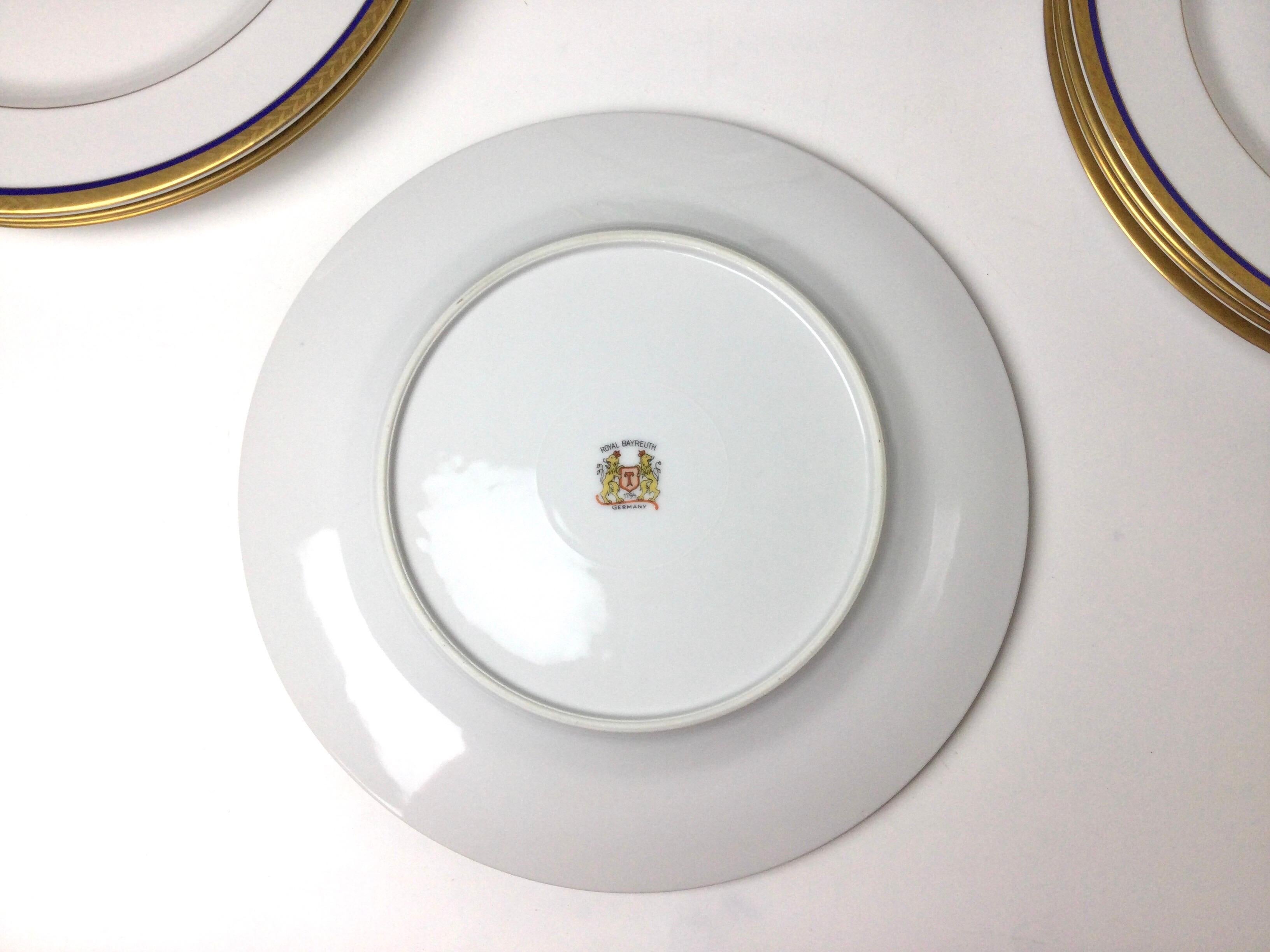 Set of 12 Royal Bayreuth China Dinner Plates White with Cobalt and Gilt Borders 1