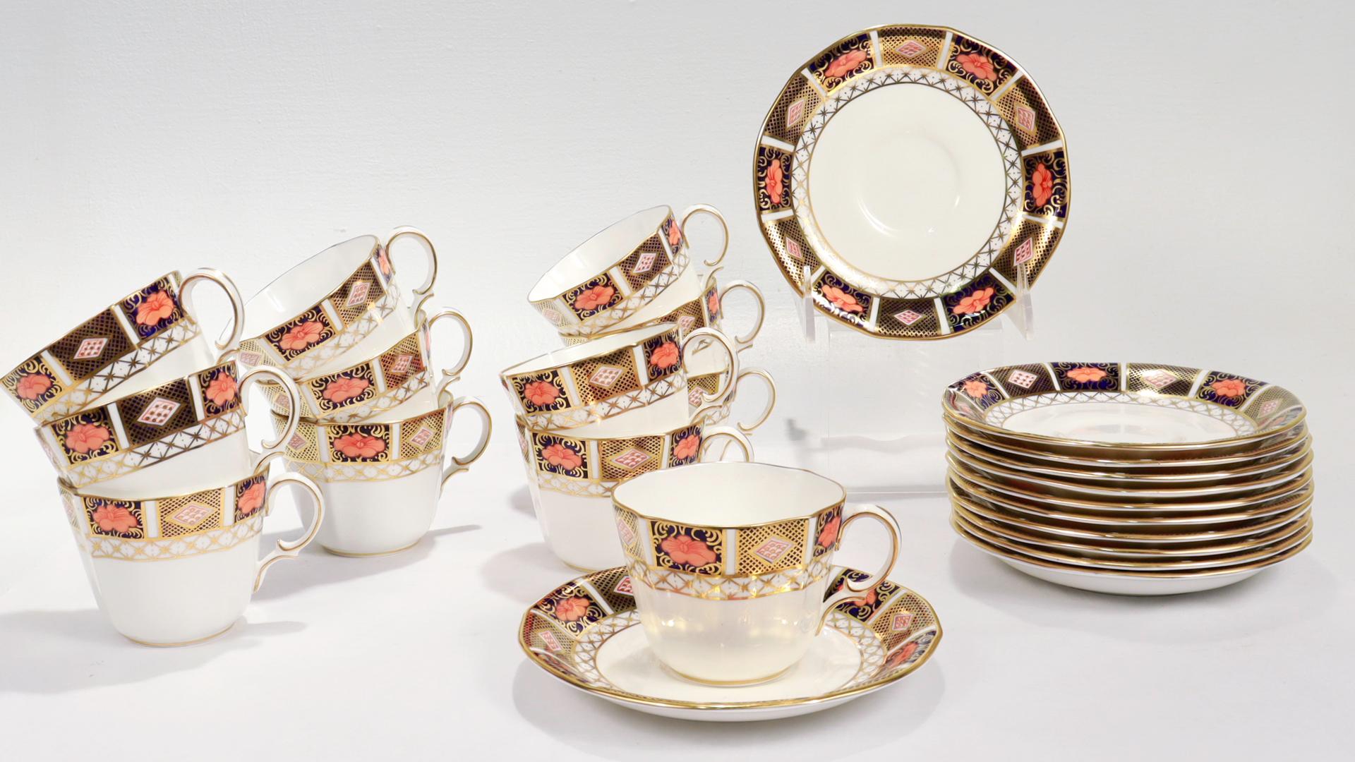 British Set of 12 Royal Crown Derby Porcelain Border Imari Pattern 8450 Cups & Saucers For Sale