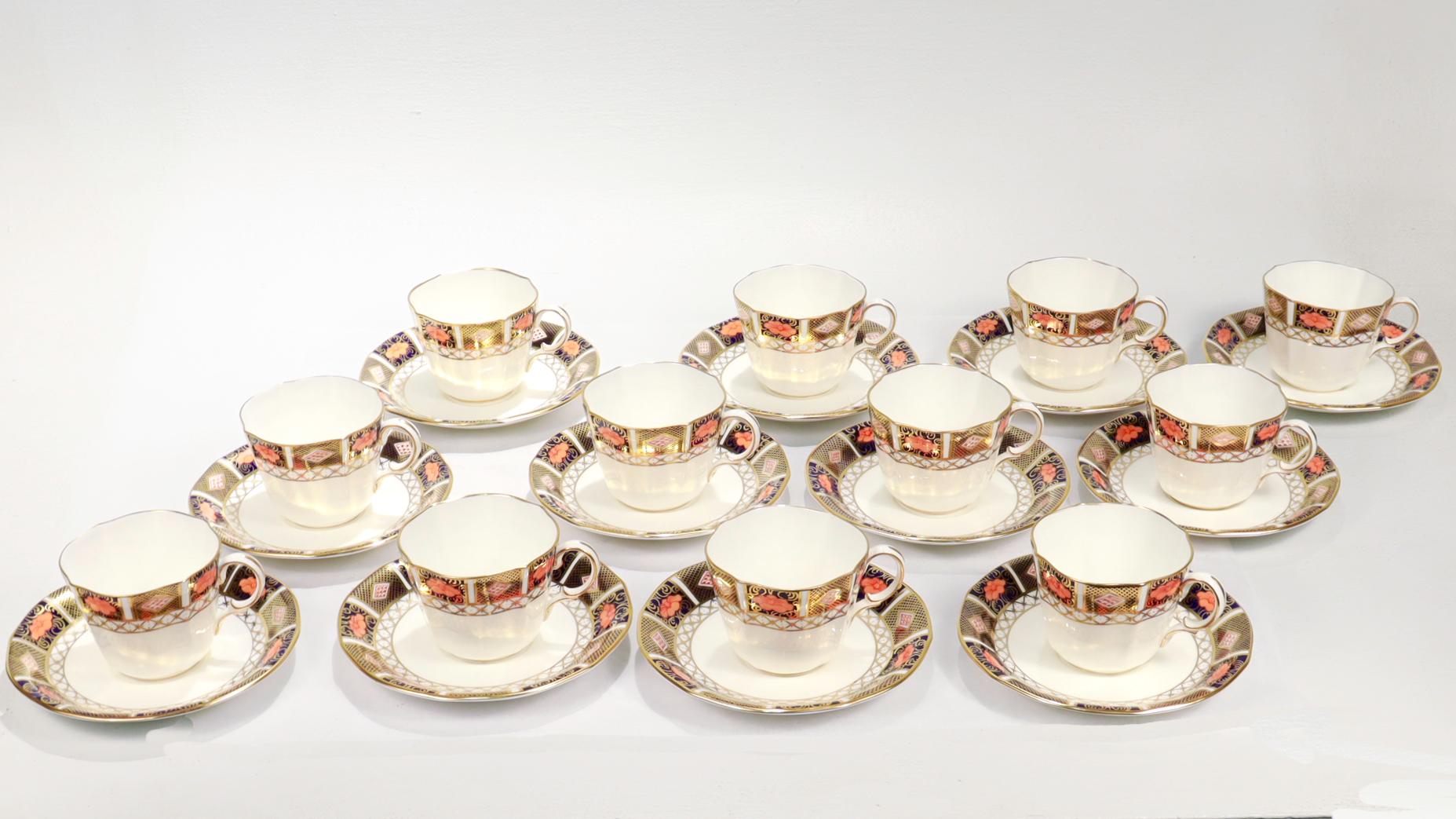 British Set of 12 Royal Crown Derby Porcelain Border Imari Pattern 8450 Cups & Saucers For Sale