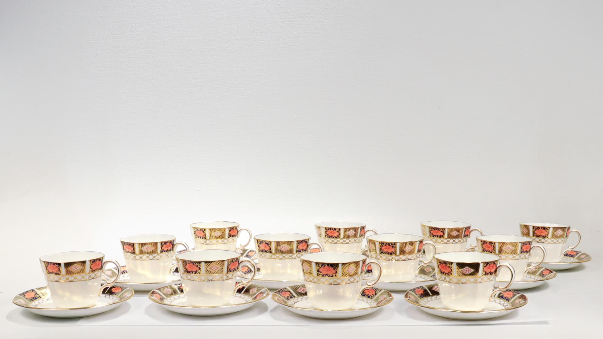 Set of 12 Royal Crown Derby Porcelain Border Imari Pattern 8450 Cups & Saucers In Good Condition For Sale In Philadelphia, PA