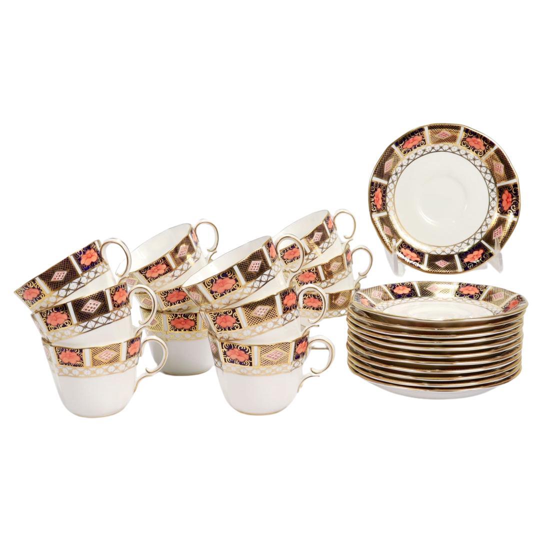 Set of 12 Royal Crown Derby Porcelain Border Imari Pattern 8450 Cups & Saucers For Sale