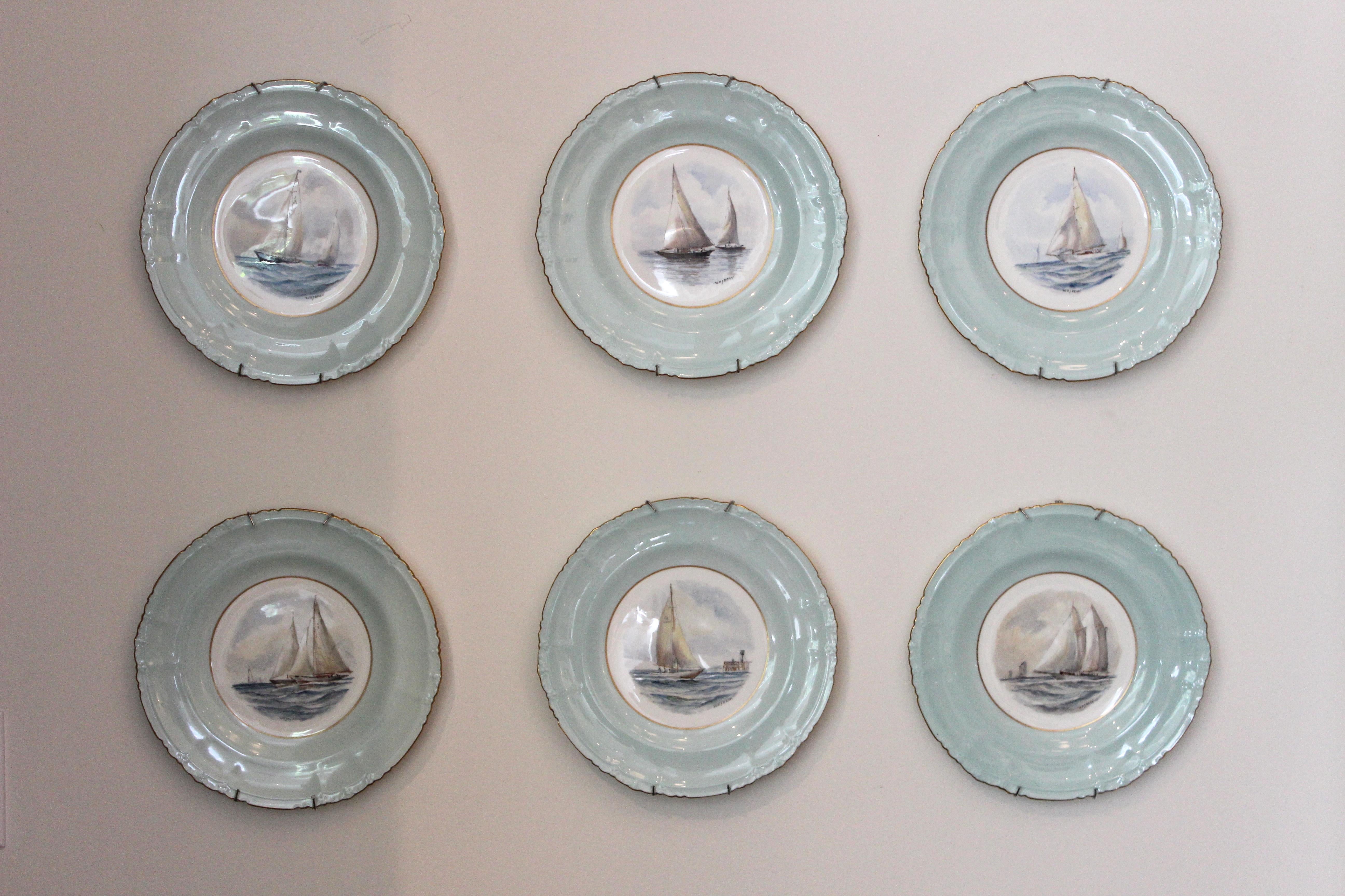 English Set of 12 Royal Crown Derby Porcelain Plates with Yachting Scenes