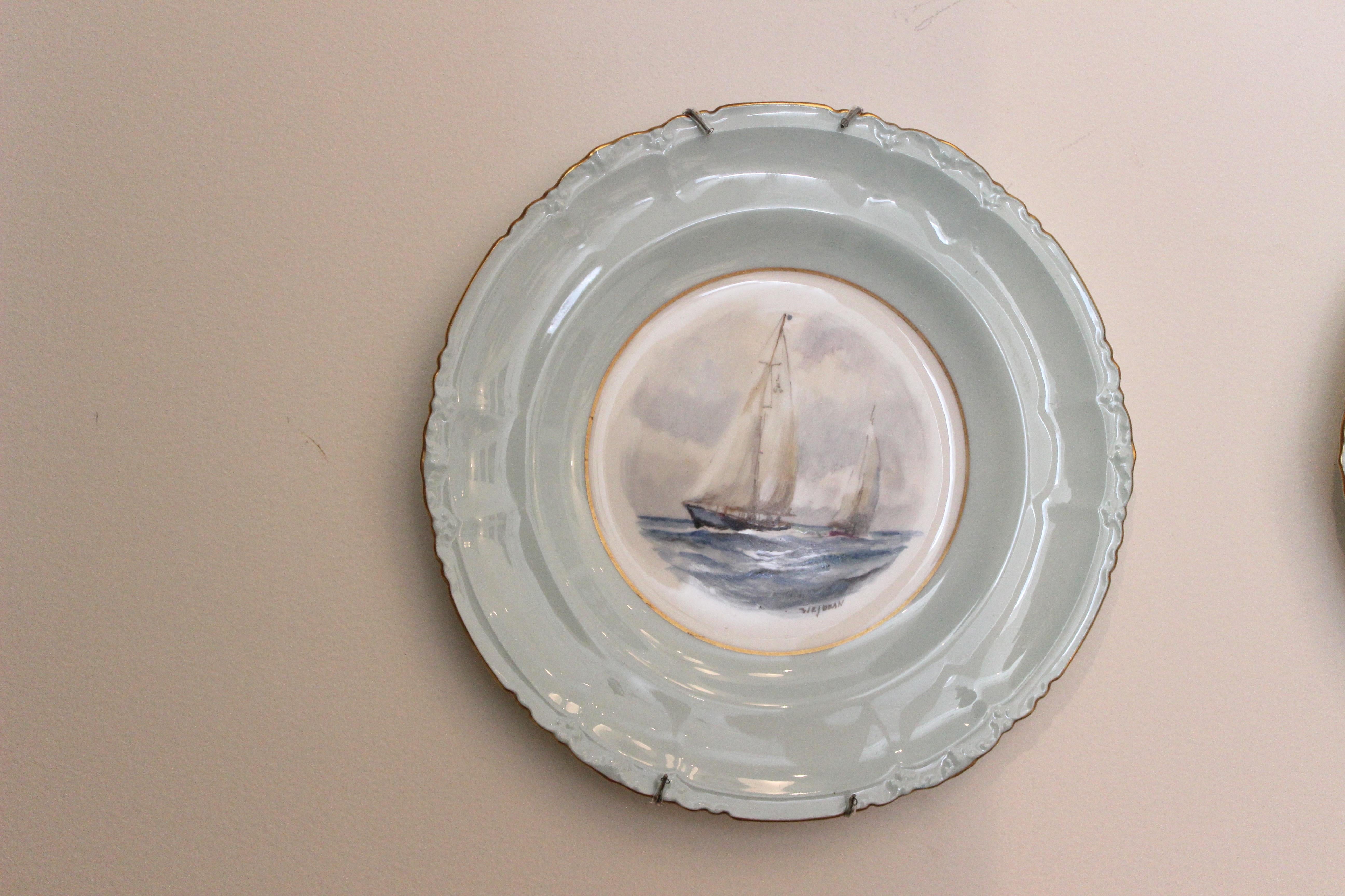 Hand-Painted Set of 12 Royal Crown Derby Porcelain Plates with Yachting Scenes