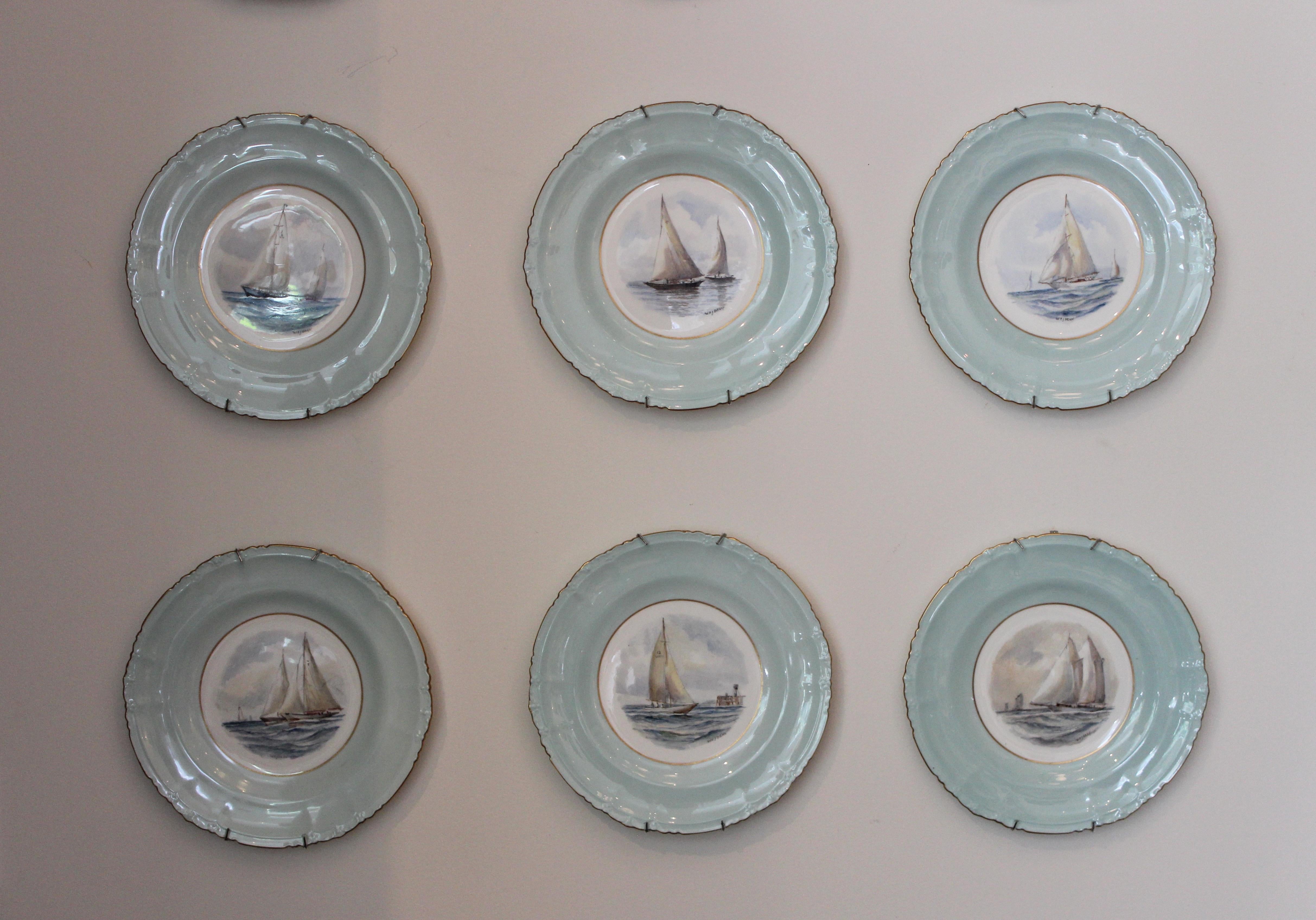 Set of 12 Royal Crown Derby Porcelain Plates with Yachting Scenes In Excellent Condition In East Hampton, NY